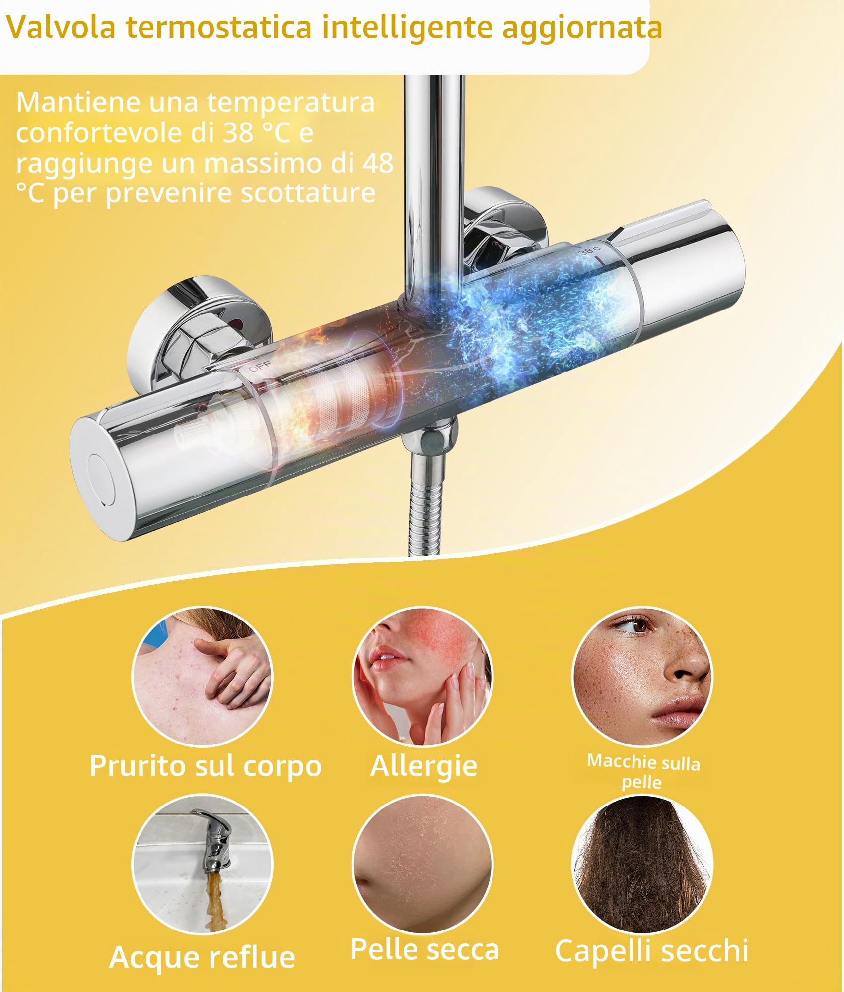 Colonna Doccia Con Miscelatore Termostatico,Asta 88-125cm Doccia Quadrato Set Sistema Doccia Miscelatore Termostatiico 38℃ Doccetta 3 Funzioni per Bagno（cromo）