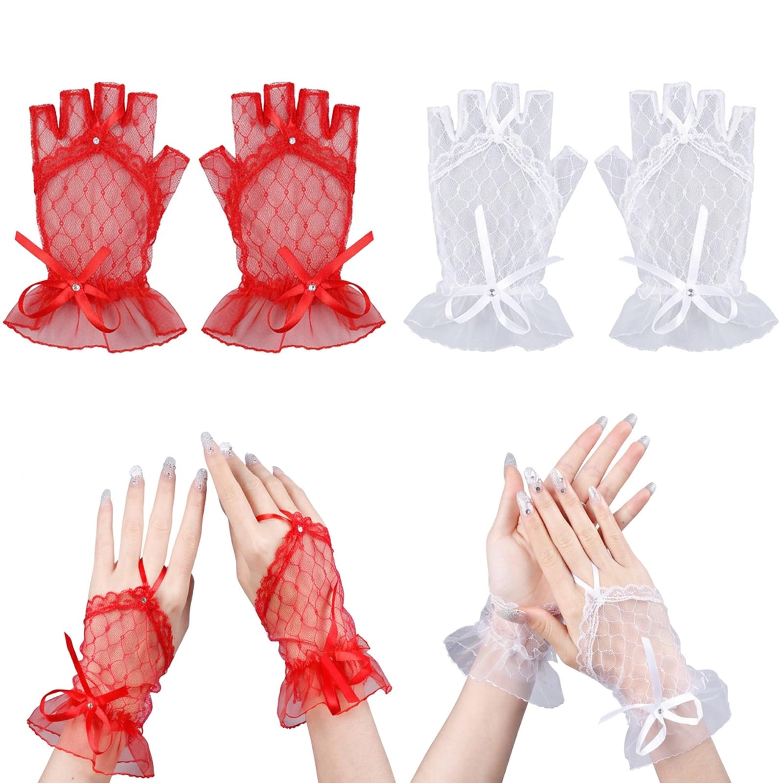4PCS Lace Gloves for Women, Fashionable Lace Gloves with Finger Cut Design, Elegant Accessories for Parties and Events, Set of Four in Red and White-image-43