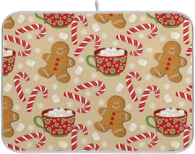Christmas Gingerbread Man Candy Cane Dish Drying Mat for Kitchen Winter Snow