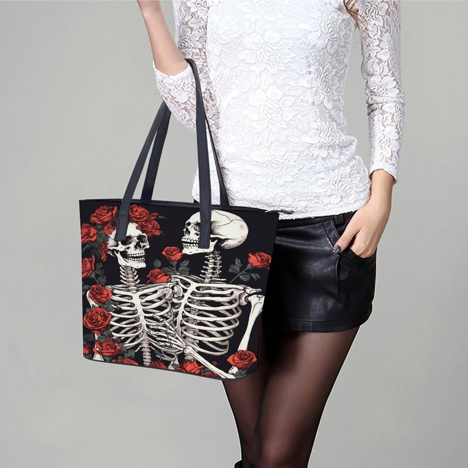 Rose And Skeleton Tote Bag for Women Top Handle Large Size Satchel Purse Ladies Chic Shoulder Bag Aesthetic Leather Shoulder Handbag for Work Travel Cute Casual Message Bags