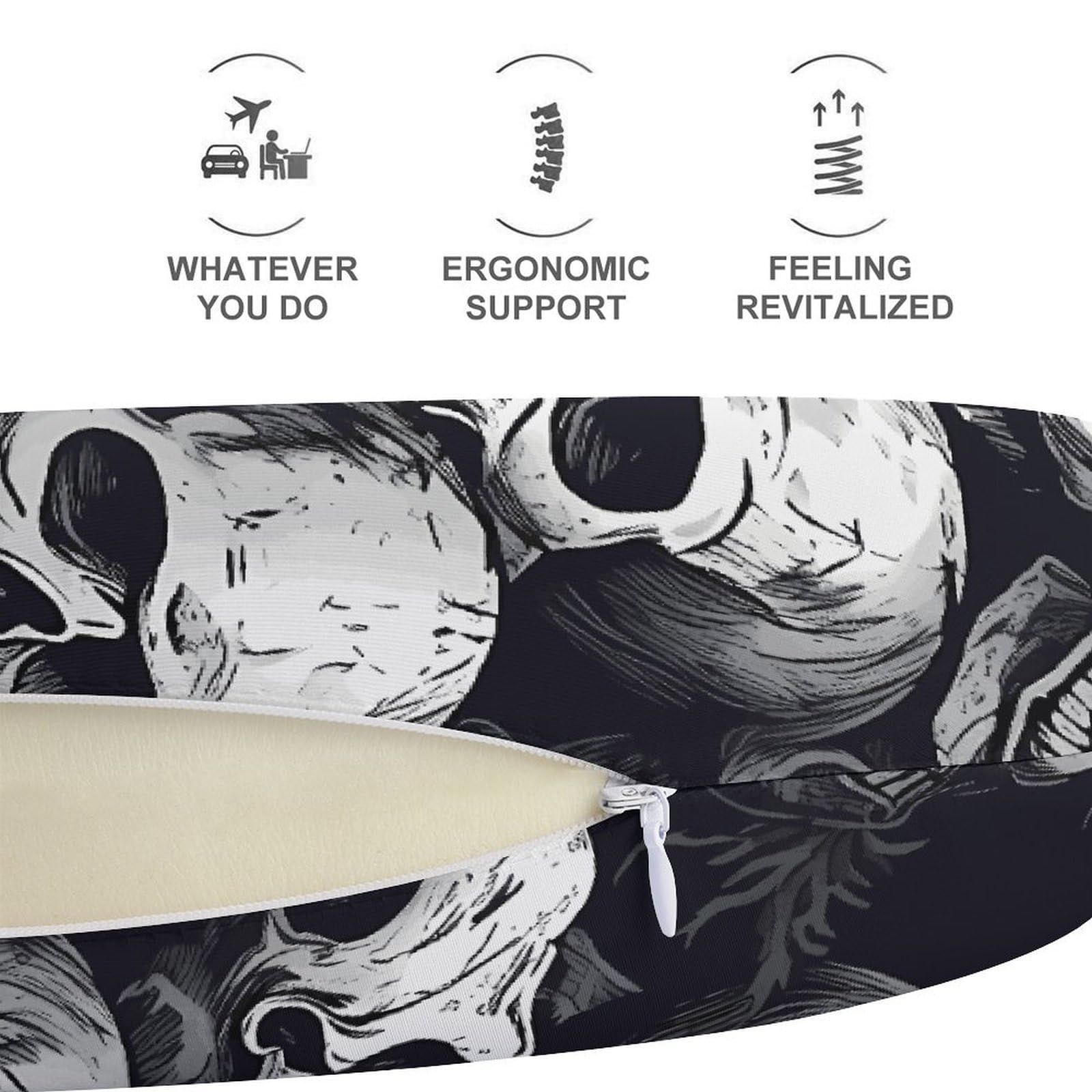 Almohada en forma de U con patrón de calaveras 1, núcleo de almohada de espuma viscoelástica, cojín, proporciona apoyo para el cuello, almohada de viaje, adecuada para aviones, coches