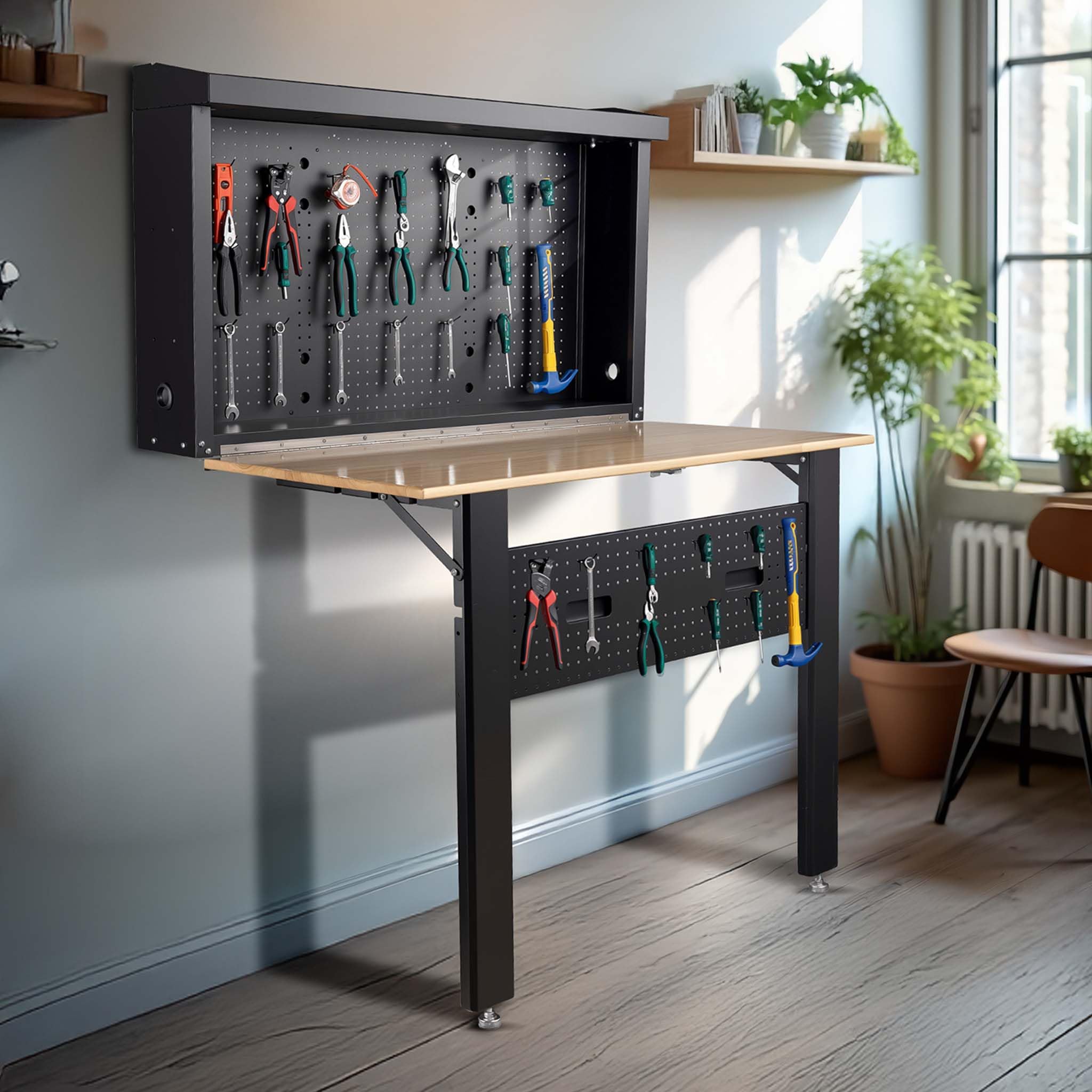 Wiltec Werkbank zur Wandmontage bis 200 kg, klappbare Werkzeugbank 120,5 x 82,5 x 162 cm mit Lochplatte als Rückwand, Werktisch mit Arbeitsplatte aus Holz