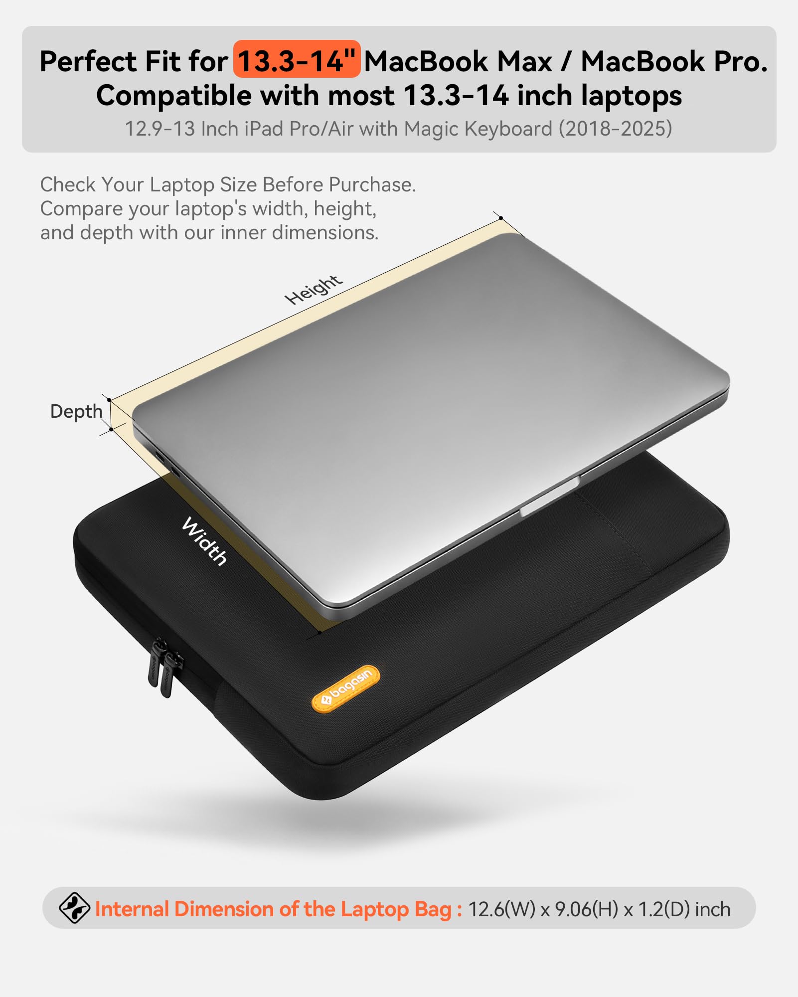 Custodia Bagasin per Laptop 13–13,3 Pollici, Compatibile con MacBook Air/Pro e MacBook Pro 14 (M3 M2 M1 Pro Max, 2024–2021), Sleeve Verticale in Poliestere– Nero