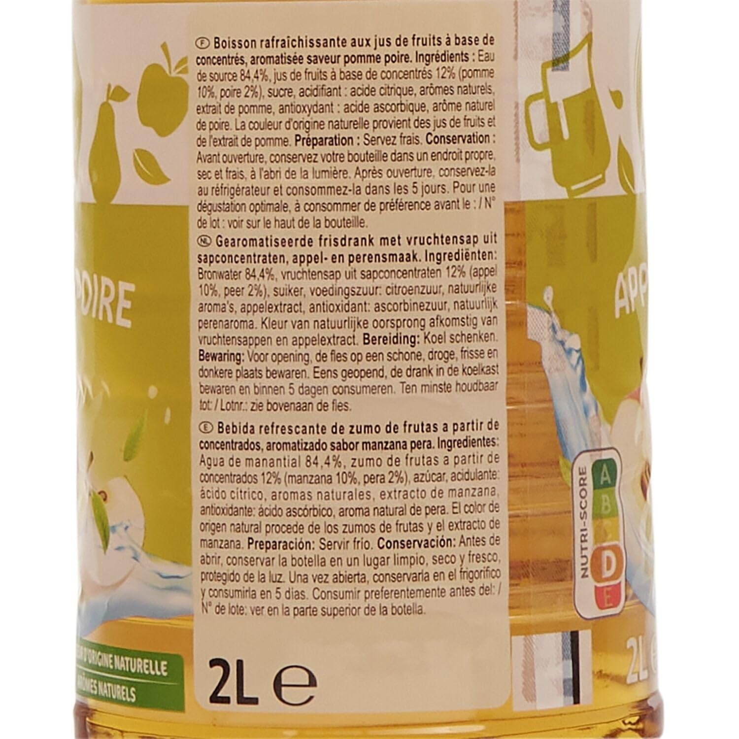 CARREFOUR SENSATION Boisson rafraîchissante saveur pomme-poire 2L, à base de jus de fruits et d'eau de source, sans conservateur - Lot de 4