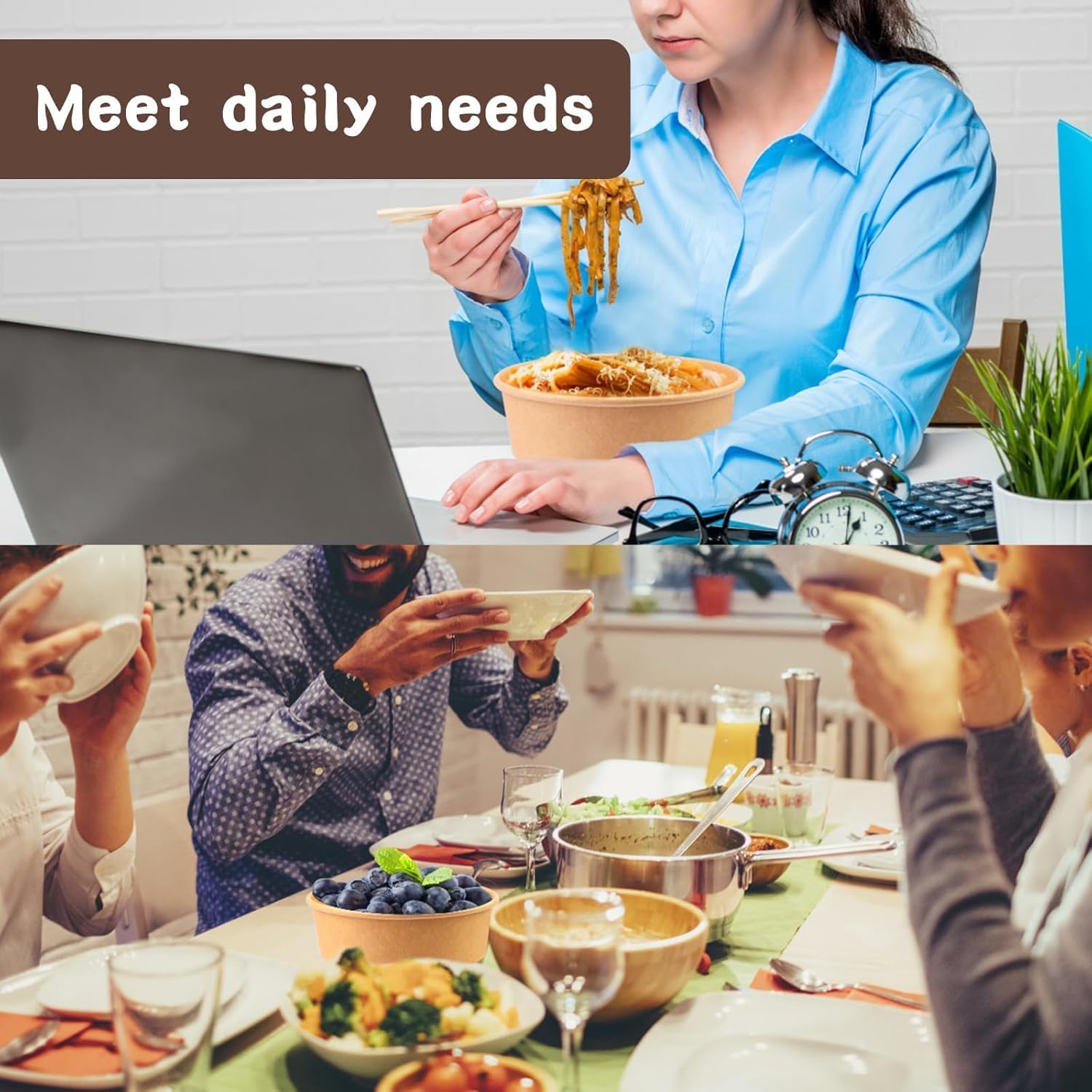 50 Pack 17 Oz Kraft Paper Bowls with Lids, Disposable Bowls for Hot Soup, Paper Bowls with Lids, Food Container for Salad Hot Cold Food Party Dessert