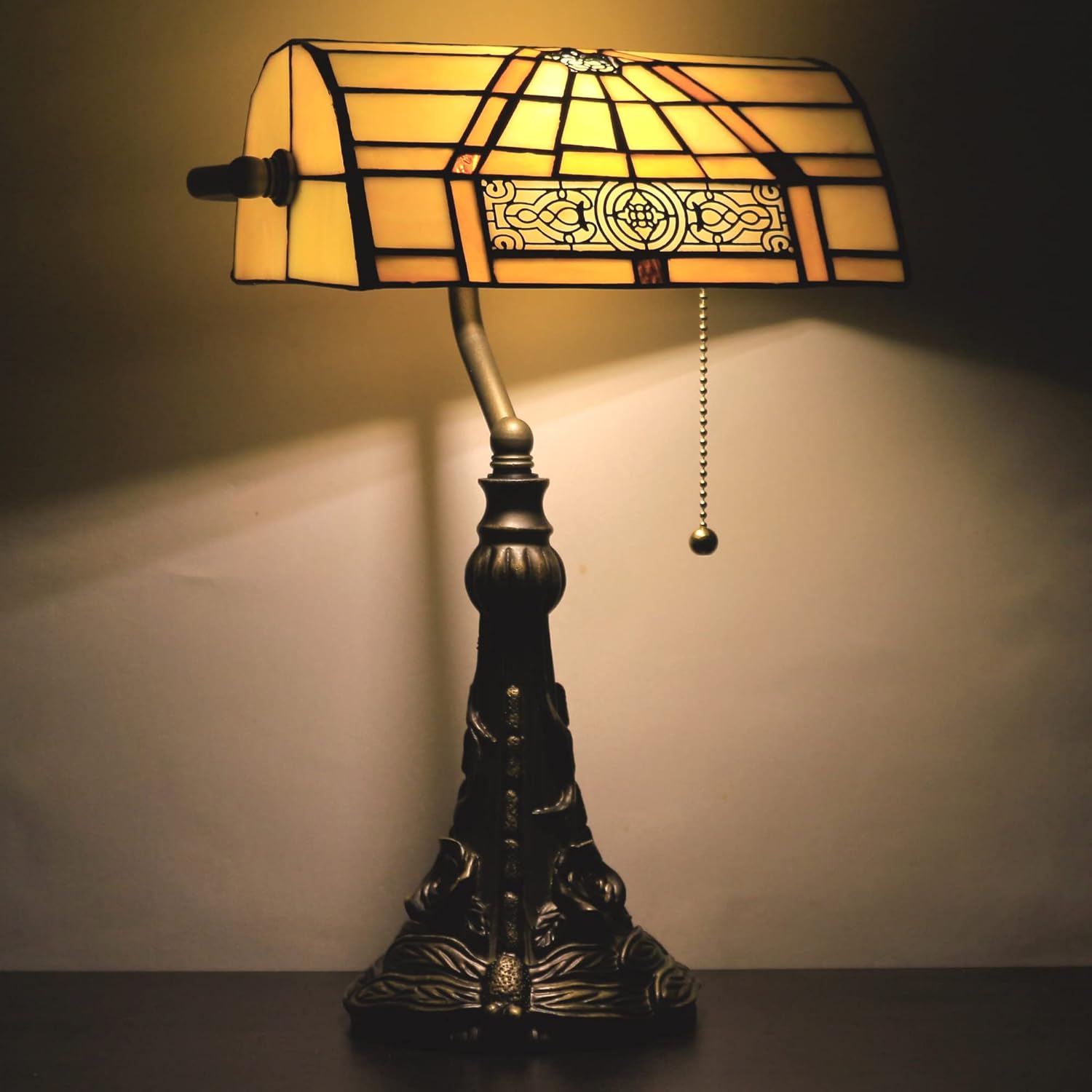Tiffany Banker Lamp Small Stained Glass Table Lamp Tiffany Style Piano Light Yellow Mission Style Desk Lamp Angle Adjustable 10.6X15.7 Inch for Home Office Living Room Bedroom