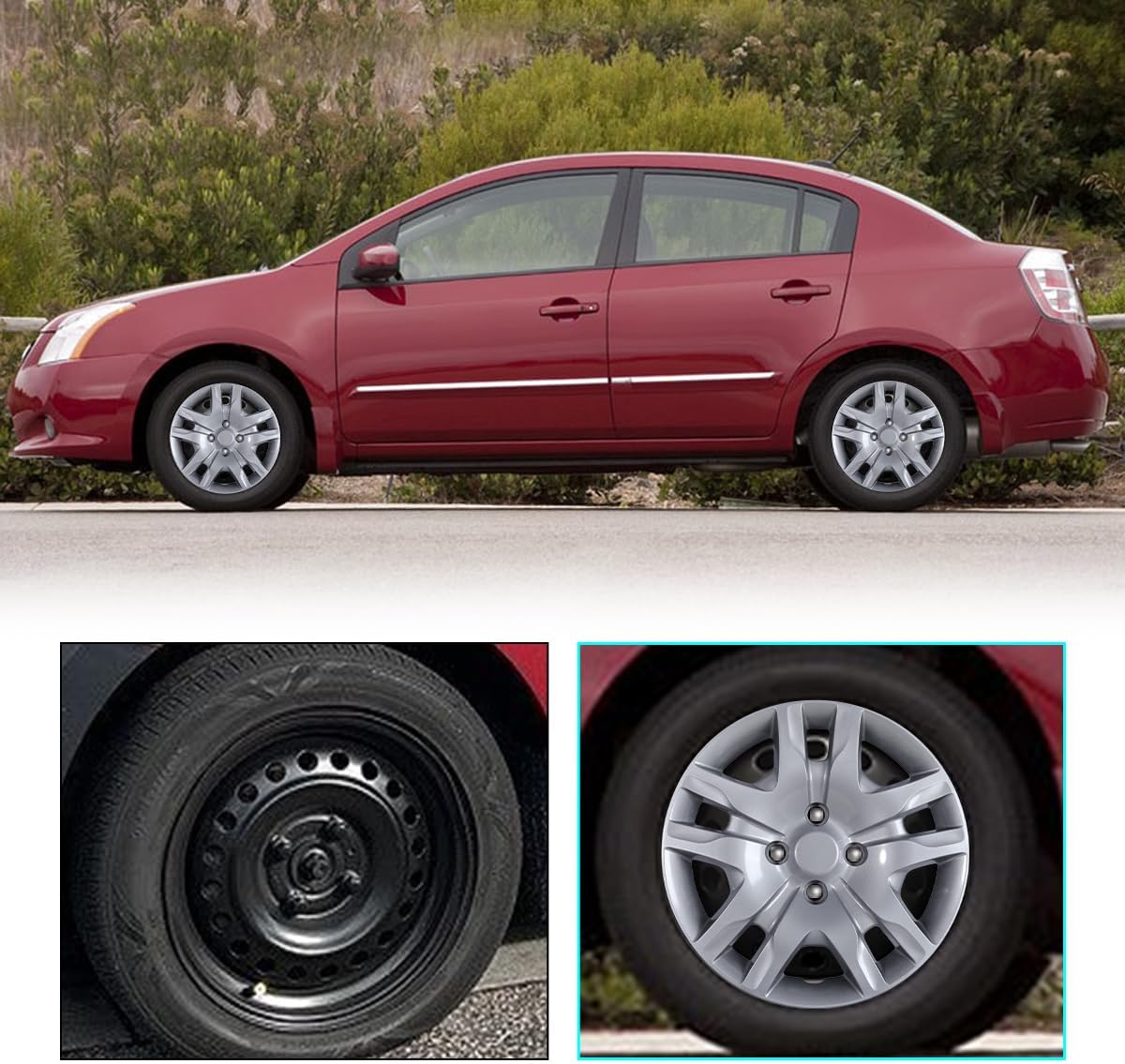 Hubcaps 16 Inch Wheel Covers Fit for Nissan Sentra 2007 2008 2009 2010 2011 2012, R16 Hub caps Bolt-on Steel Wheels, Set of 4, PP Material, (16-Inch, Silver Lacquer)