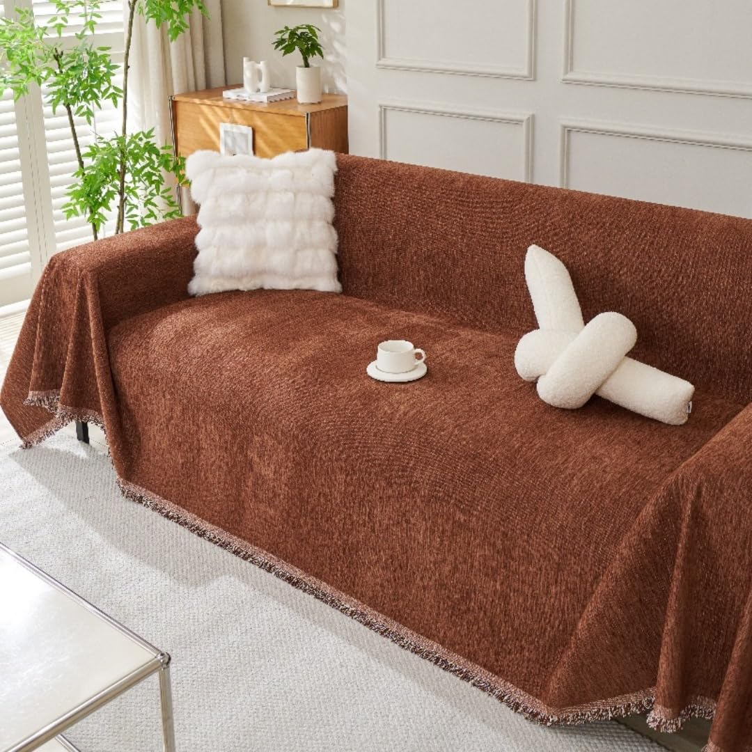 Couverture en chenille avec pompons plaid chocolat pour canapé et lit
