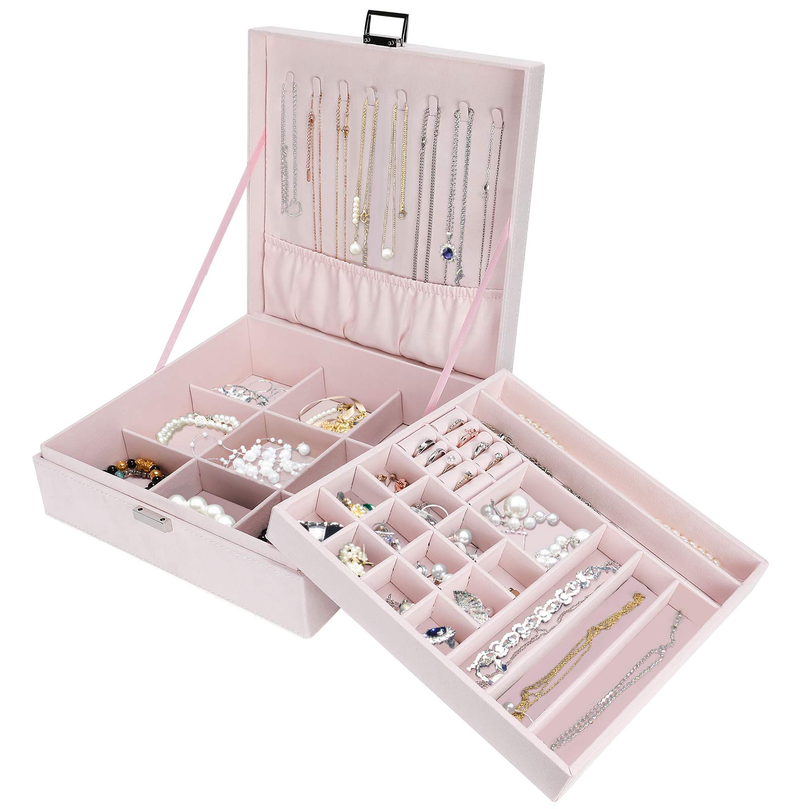 ProCaseProCase Jewelry Box Organizer for Women Girls, Two Layer Jewelry Display Storage Holder Case for Necklace Earrings Bracelets Rings Watches -Pink
