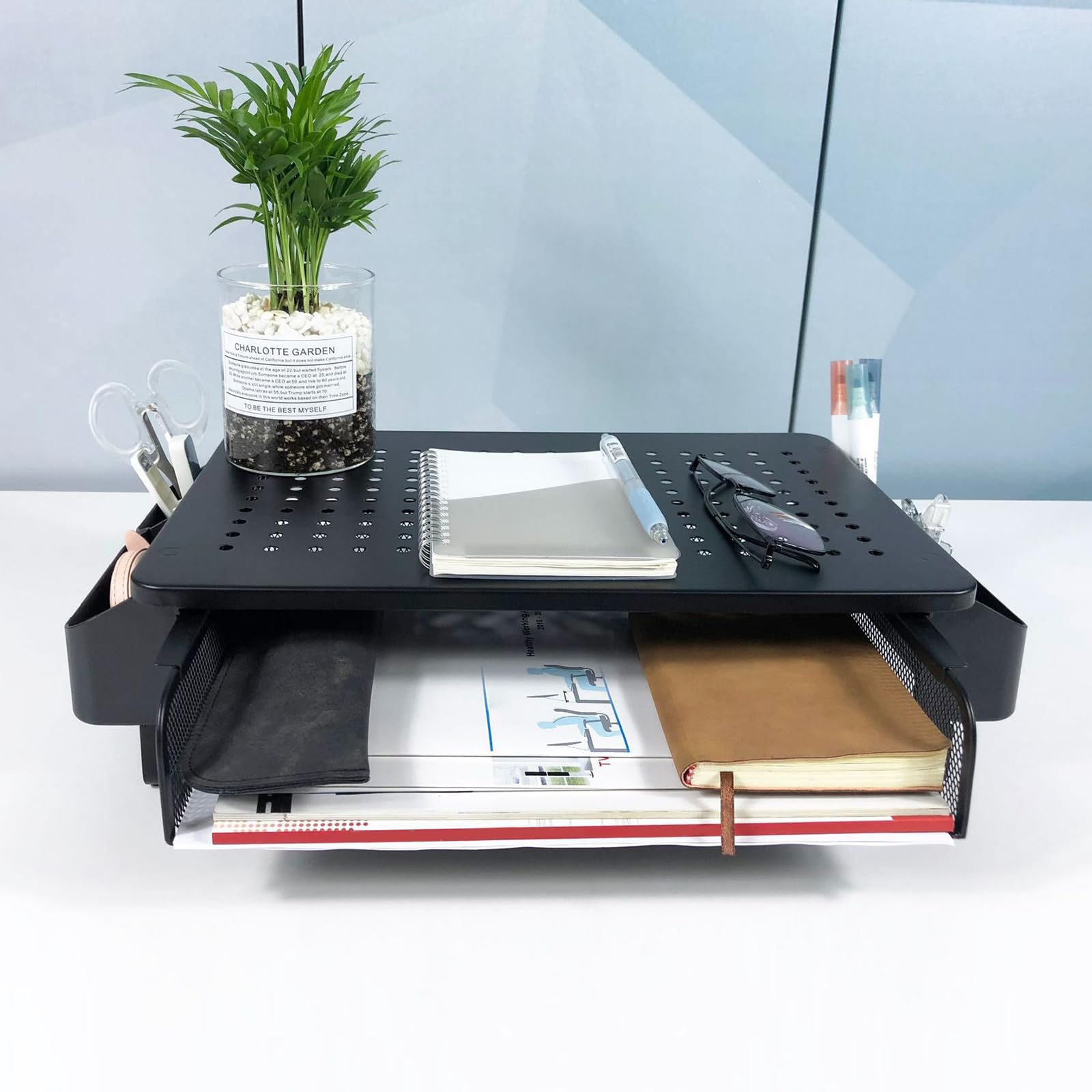 Supporto per schermo con cassetto di ventilazione, portapenne, supporto per laptop in metallo con organizer da scrivania laterale per stampante portatile
