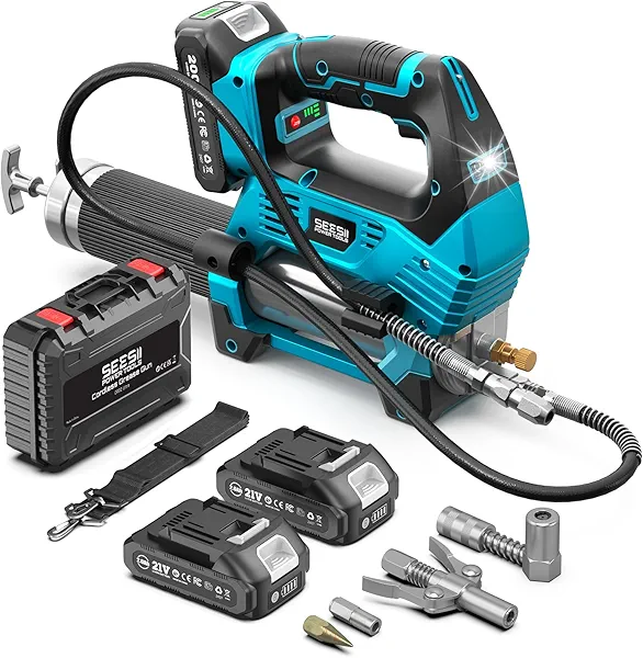 Seesii 12000PSI Electric Grease Gun: 3 Speed Control Battery Powered Grease Gun Cordless with 2 Batteries, Brushless Motor, 39.4” Long Hose, 90 Degree Coupler & LED Light for Heavy Duty Equipment