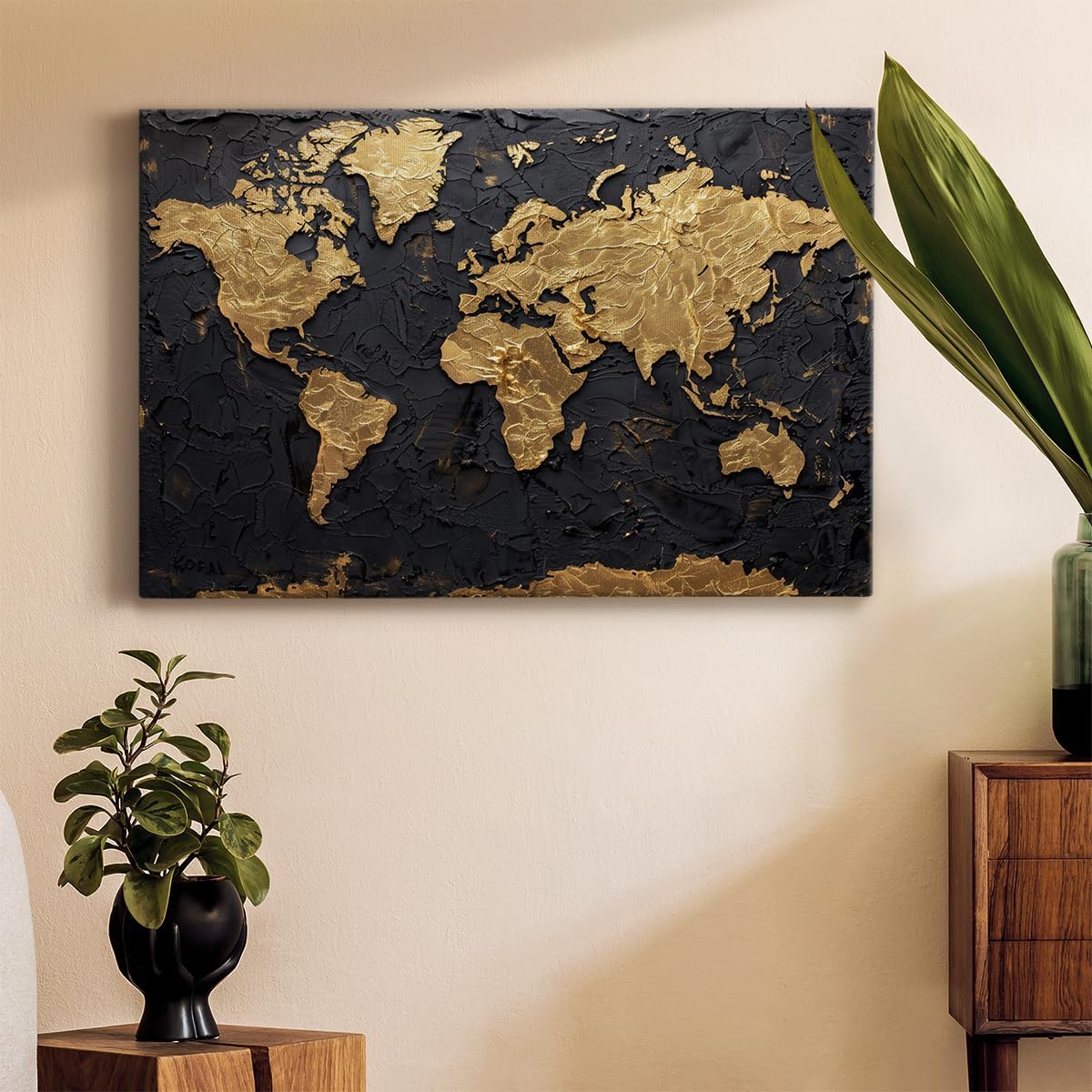Renditions Gallery Canvas Paintings for Home Dark & Gold World Map with Crumpled Background Artwork Wall Hangings for Drawing Room Kitchen Bedroom - 24" X 36" LT572