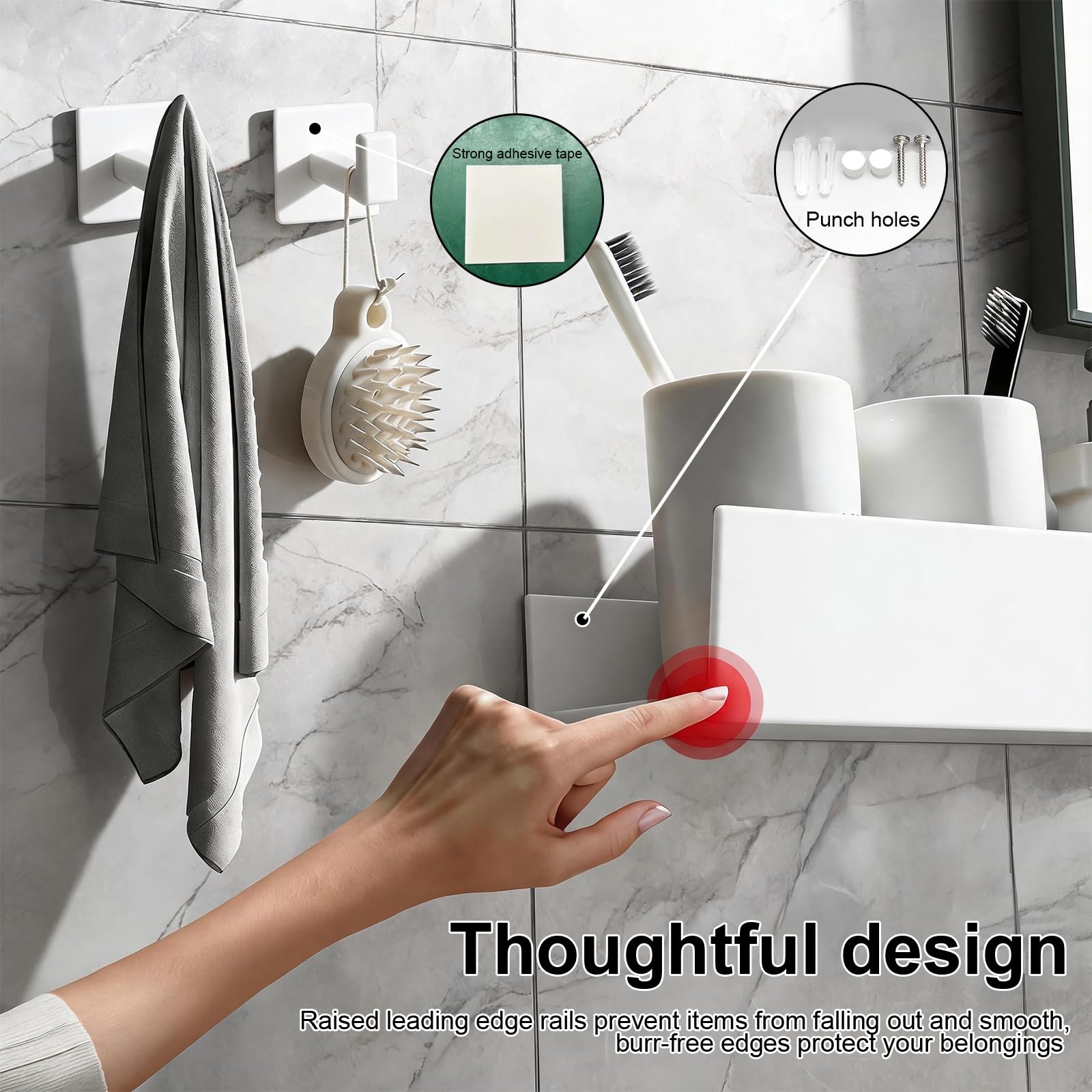 59,5 cm Estanteria Pared Baño, Blanco Organizador de Ducha, Estantería para Ducha en Aleación de Aluminio, Soporte Champu Duchas con 2 Ganchos, para Baño, Cocina, Balcón y Otras áreas