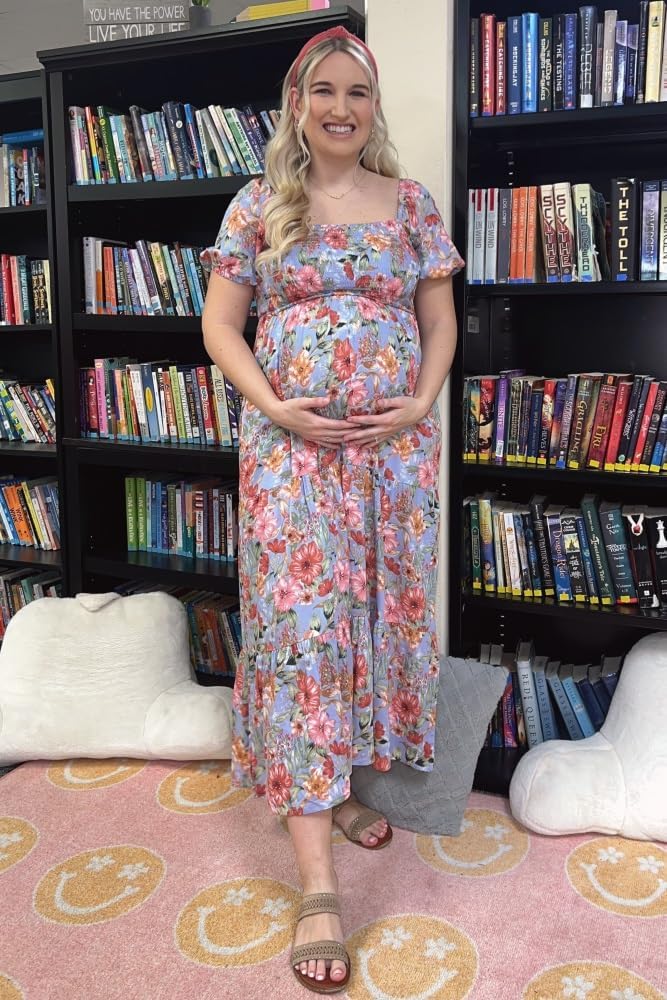 PinkBlush Floral Smocked Square Neck Tiered Maternity Maxi Dress
