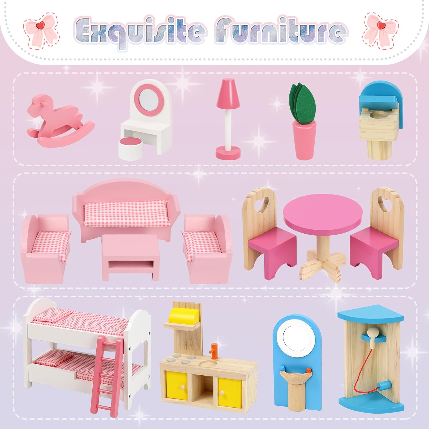 Casa De Muñecas De 40cm Con 25 Accesorios – 2 Pisos, 3 Habitaciones, Balcón Y 3 Muñecas, Color Rosa