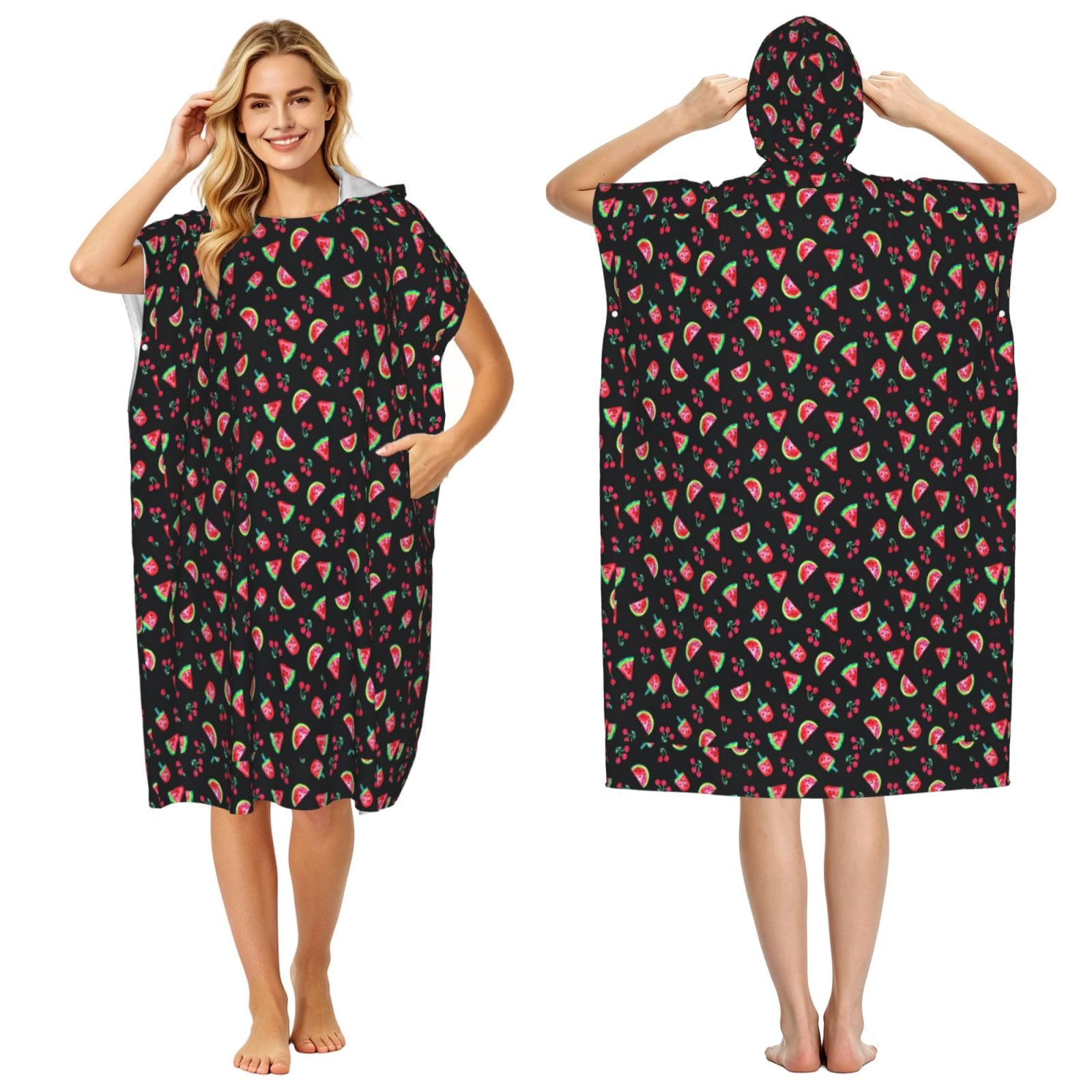 Poadnly Watermelons Cherries Black, Adult Hooded Beach Towel 90 x 110 cm,Changing Bath Robe, Surf Poncho Towel For Women Men