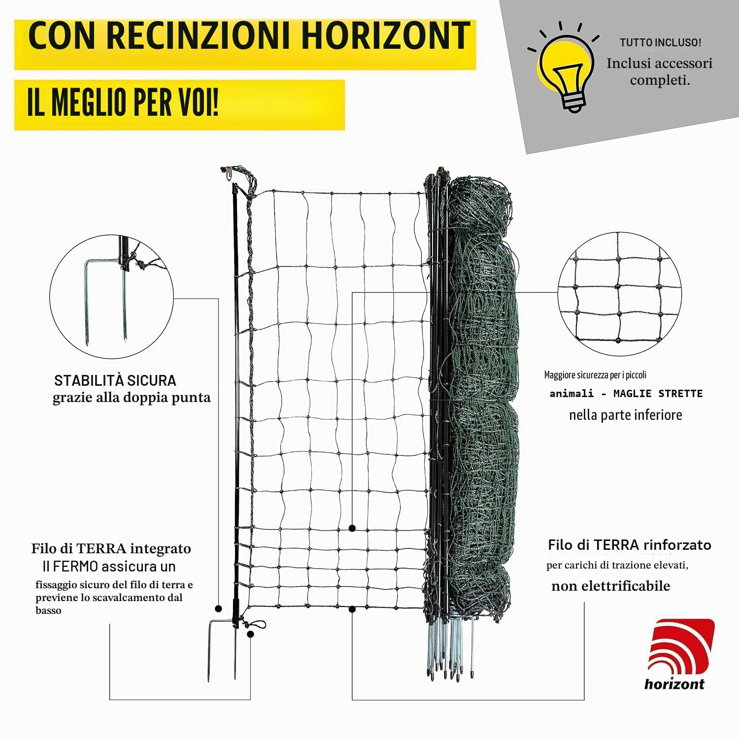 horizont eecinto per pollame strongLine 110, 9 pali in vetroresina a doppia punta lunghi 25 m, alti 110 cm, tutti senza elettricità, recinto mobile per polli