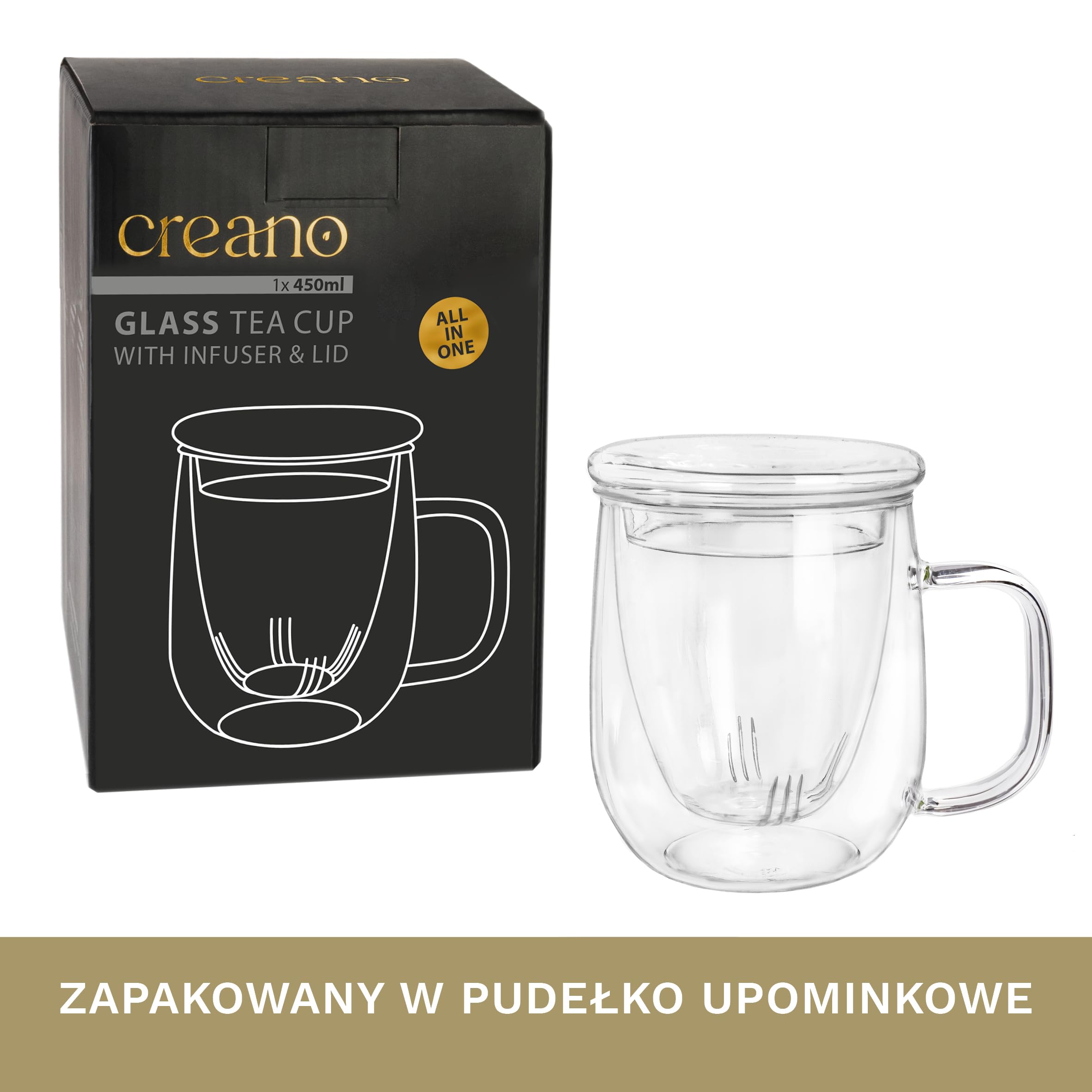 Creano Szklanka Herbaty 450 ml – Duża Filiżanka z Sitkiem i Pokrywką ze Szkła – Idealny Zaparzacz