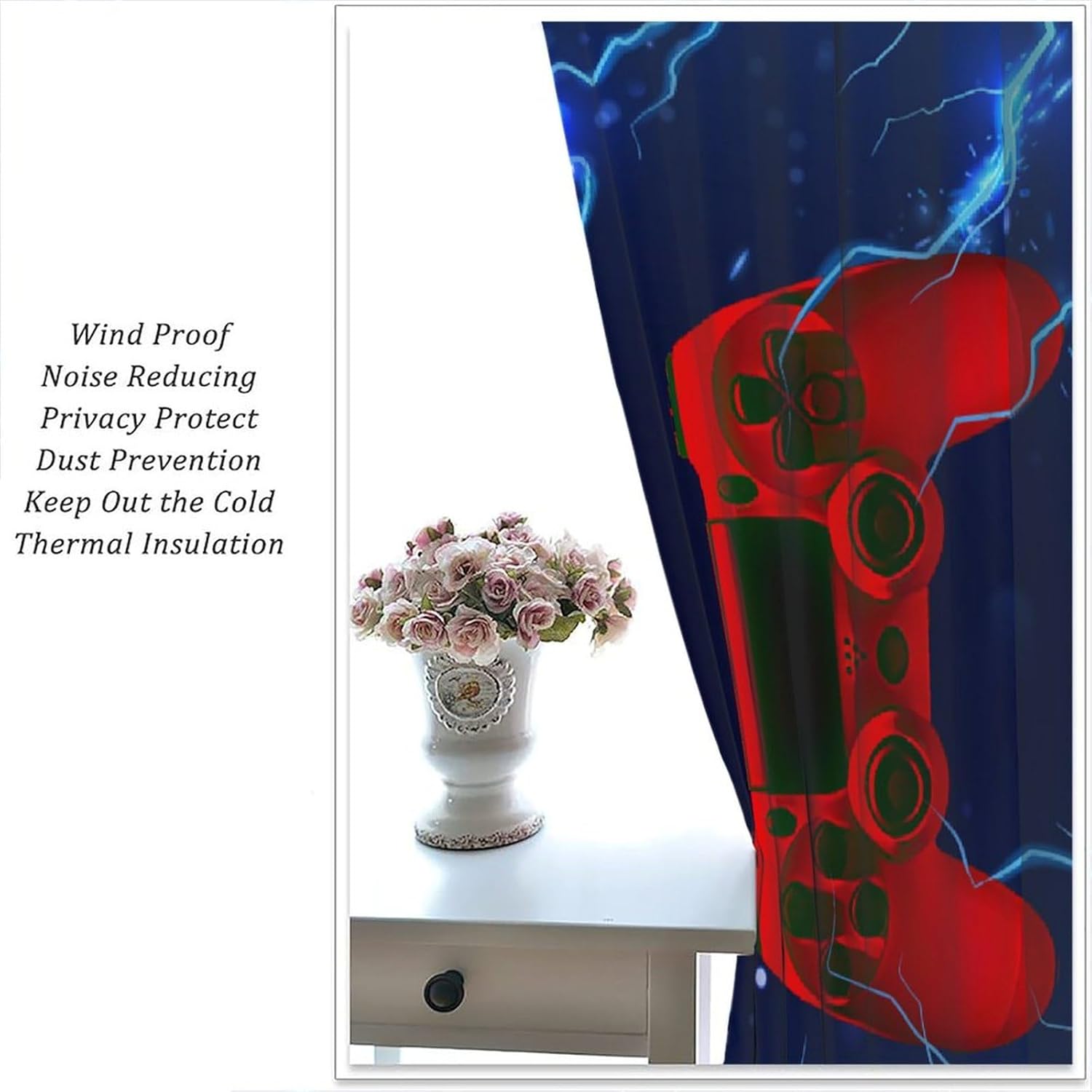 Modern Game Curtains, Video Games Blackout Window Curtains for Boys Bedroom 3D Red Blue Gamepad with Lightning Blackout Window Treatments for Kids Gamer Room Living Room, 55x63in