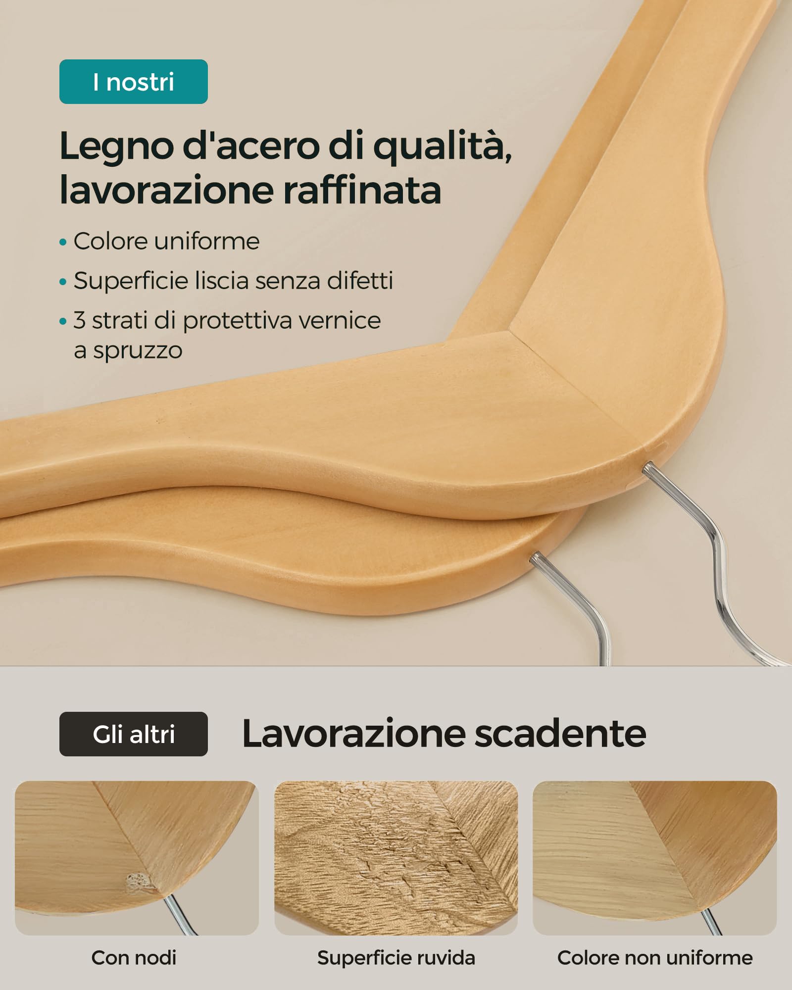 SONGMICS Stand Appendiabiti con Rotelle, Set di 20 Grucce in Legno | Asta Estensibile, Gancio Girevole a 360°, Colore Argento e Naturale