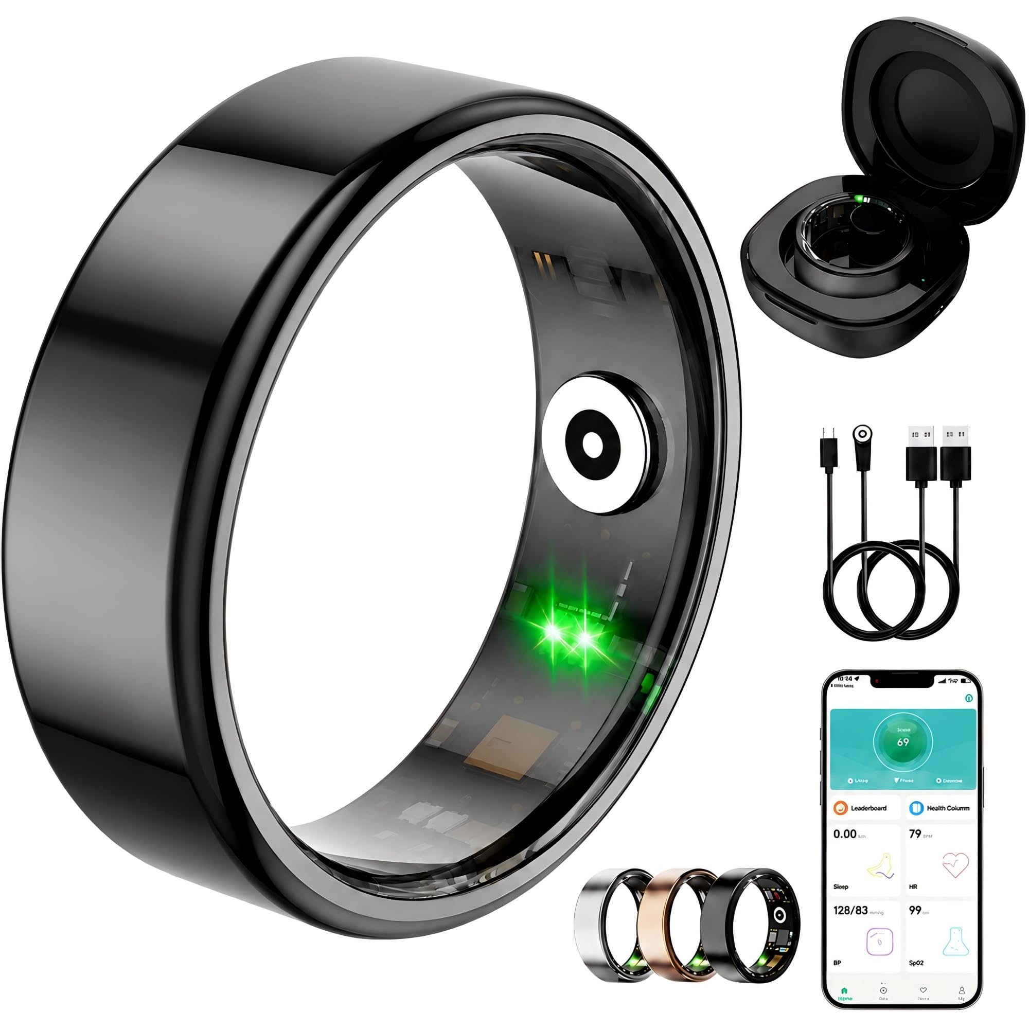 Smart Ring für Damen Herren, Keine Abonnementgebühr, 7 Tage Akkulaufzeit, Fitness Tracking Ring mit Herzfrequenz, Schlafüberwachung und Schrittzählung, Wasserdicht, Android/iOS-Kompatibel(Schwarz, 7)