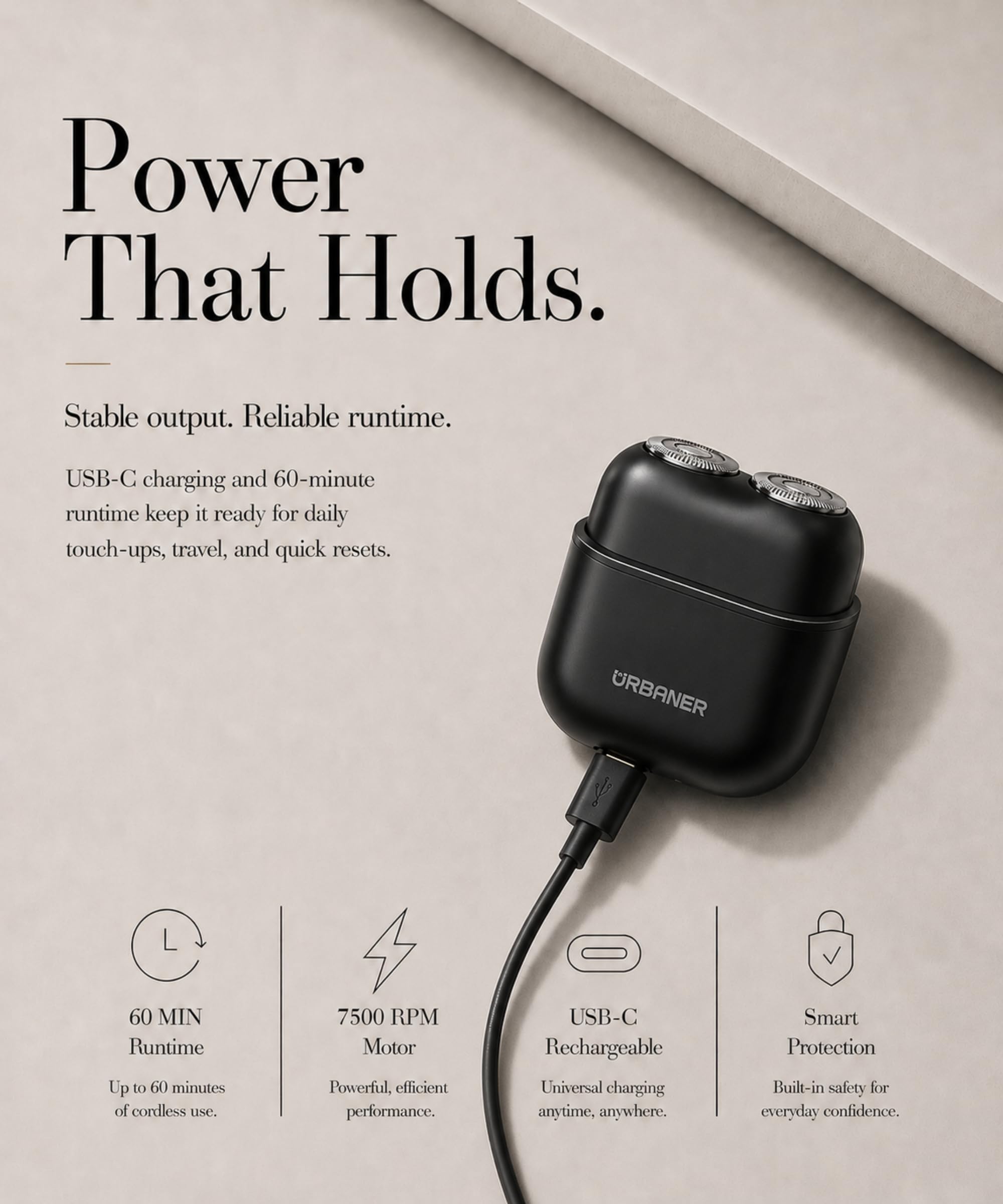URBANER Mini rasoio, rasoio portatile da uomo, rasoio da viaggio da uomo, mini rasoio elettrico, doppia testa rotante, testa magnetica, impermeabile IPX6, ricaricabile USB-C, 85 g, nero opaco