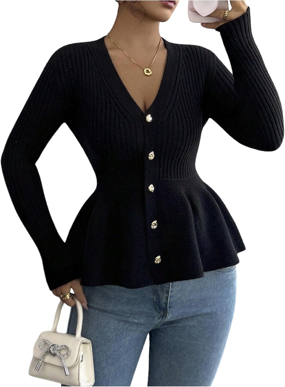 GORGLITTER Women’s Ruffle Peplum Cardigan Sweater Button Down Fitted Long Sleeve Ribbed Knit Baby Doll Trendy Cardigan