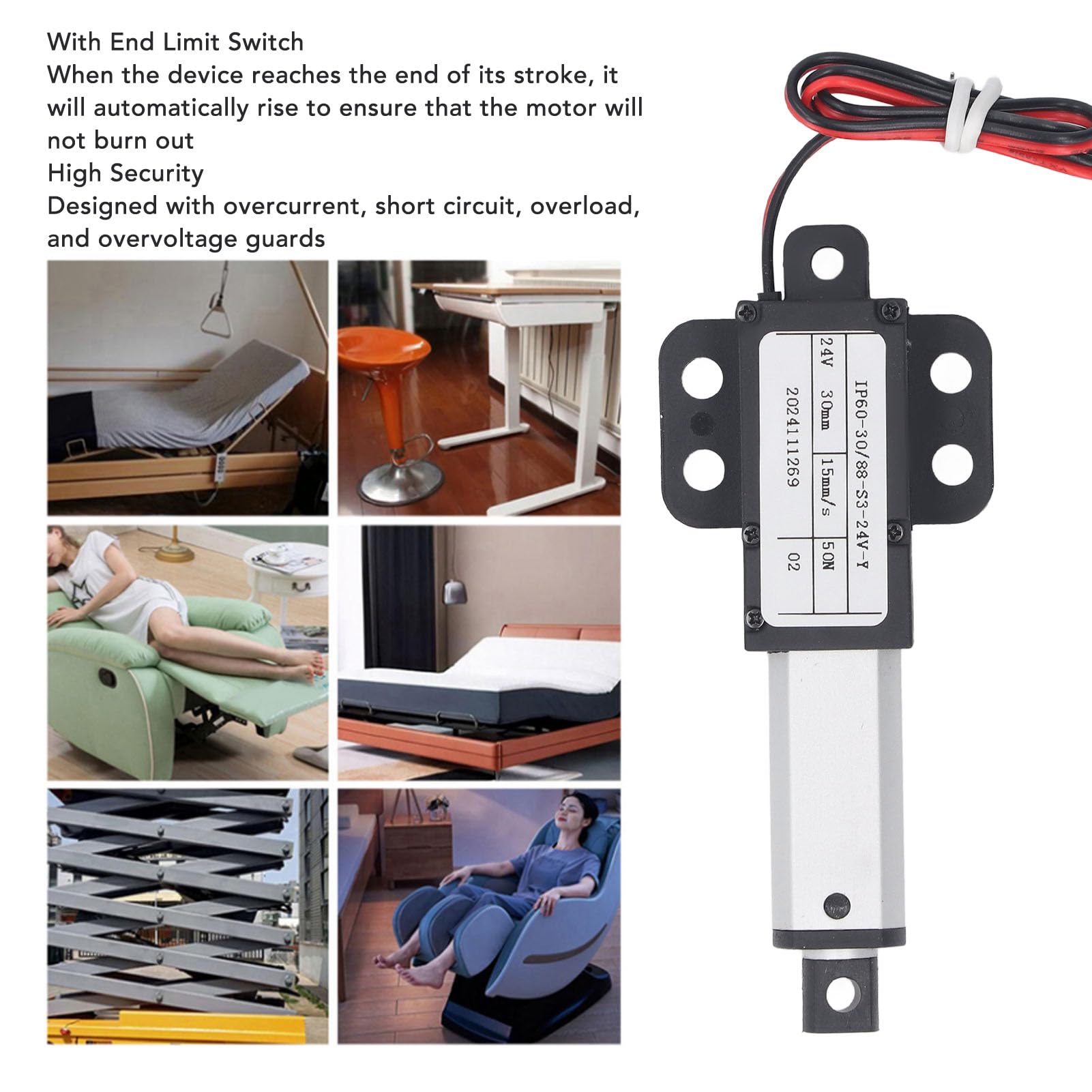 Mini Actuador Lineal Eléctrico de 24 V, Eficiente y Precisa de 30 Mm, con Diseño de Seguridad para la Prueba de Agua IPX4, Material de Aluminio y ABS