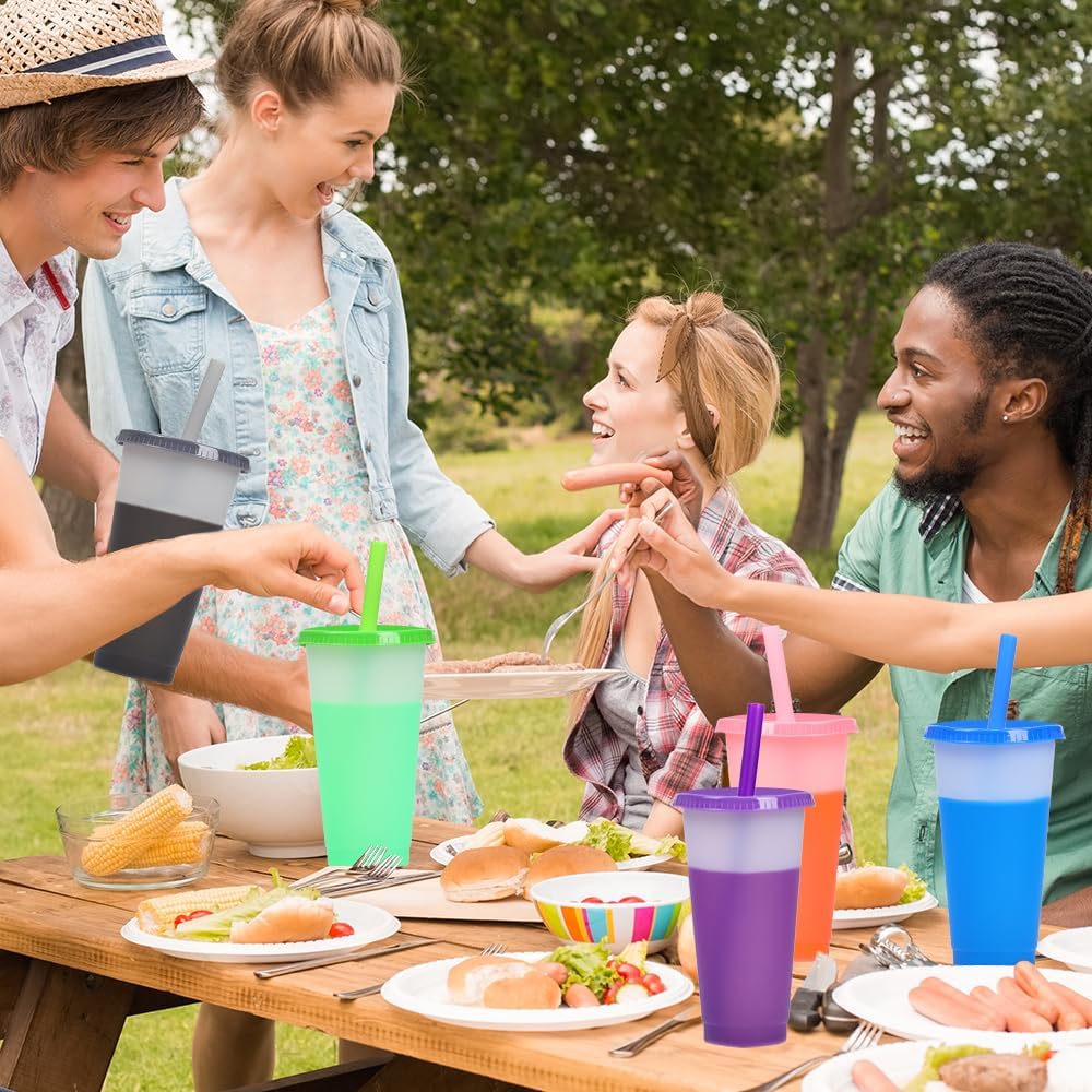 32oz Plastic Tumblers Bulk with Lids & Straws - 7Pcs Reusable Iced Cold Color Changing Drinking Cups for Adults Kids - Image 5