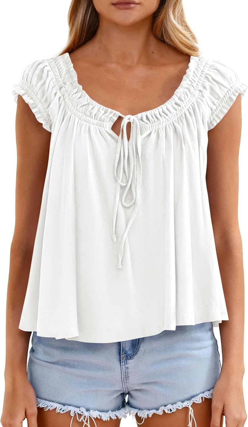 PRETTYGARDEN Women Babydoll Tops 2026 Summer Clothes Cap Sleeve Tie Front Flowy Tank Top Peplum Blouses Cute Going Out Shirts - Image 4