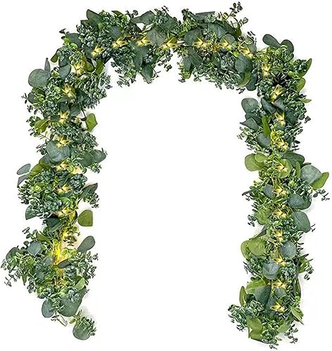 Miniatura 2 de DACHAN Guirnalda de eucalipto artificial de 6 pies, guirnalda de eucalipto de dólar plateado con cadena de luz LED de cobre para boda, arco,