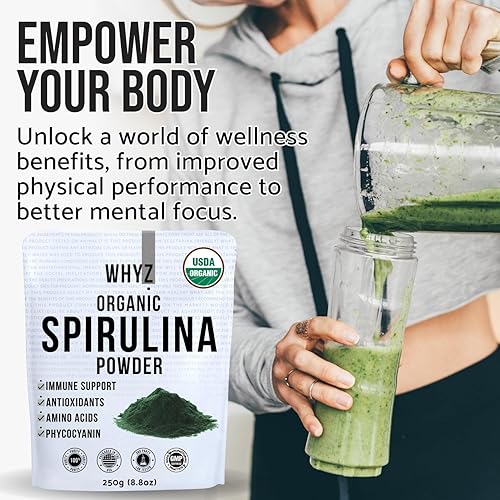 Miniatura 5 de WHYZ Polvo de espirulina orgánica, 8.82 oz, suplemento de espirulina rico en proteínas, superalimento orgánico para apoyo inmunológico, polvo de