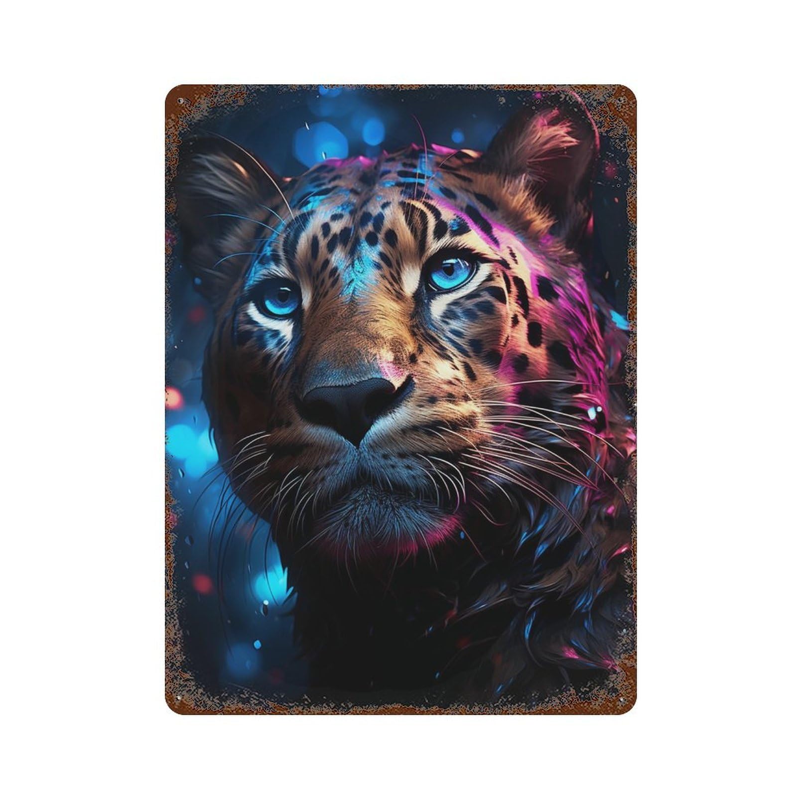 Rust Effect Neon Leopard Portrait Rustic Tin Plaque 15.7"x11.8", Old School Wall Decor for Shed, Workshop And Garage Wall Decor