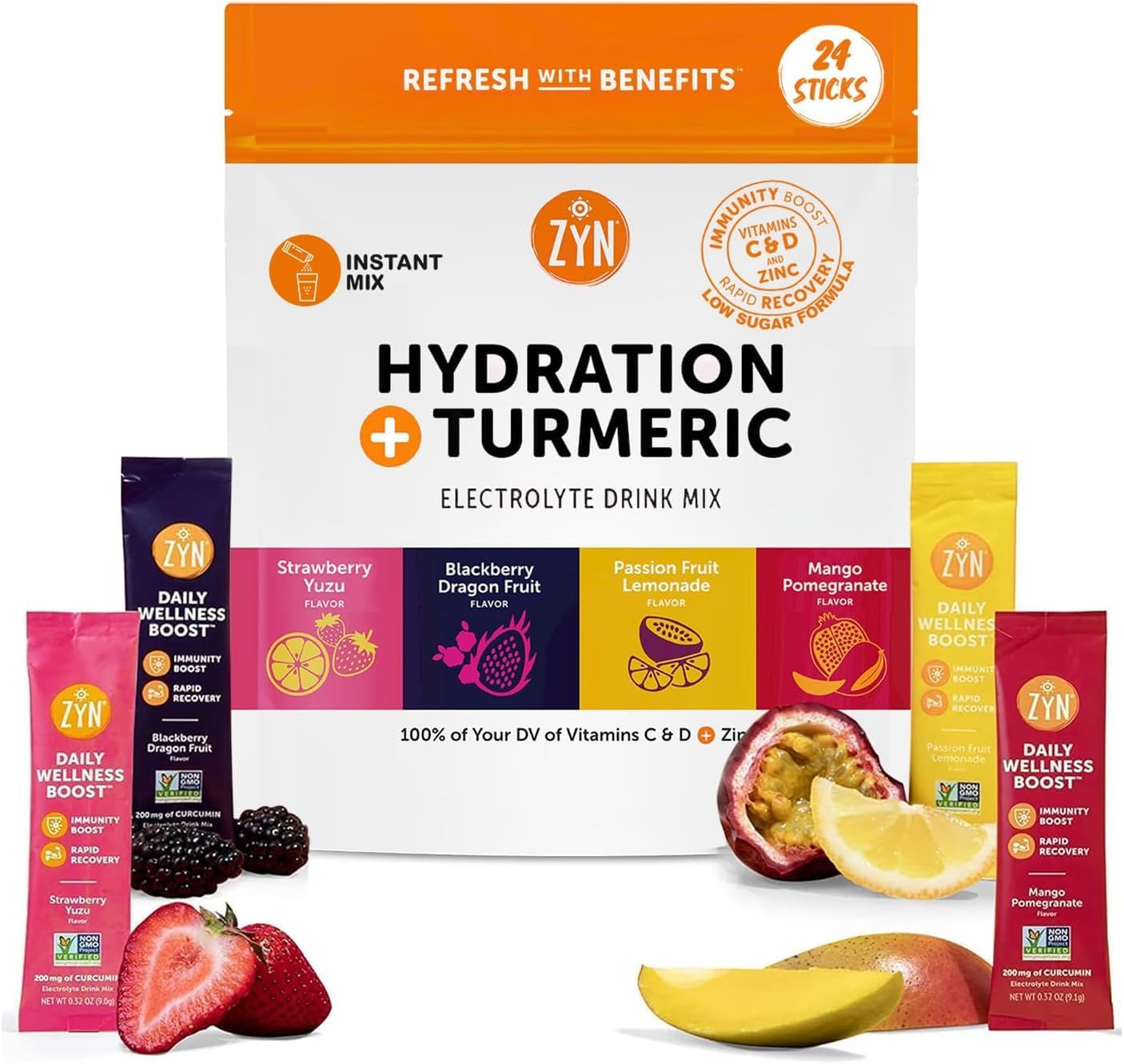 ZYNElectrolyte Drink Mix Hydration Packets, Electrolytes Powder, Hydration w/Turmeric Curcumin, Vitamin C and D, Zinc, Hydrate Powder for Wellness, Variety Pack of 24