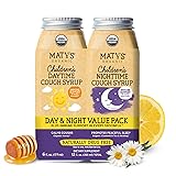 Matys Organic Kids Cough Syrup Day & Night Combo for Children 1 Year +, Soothing Cough Relief w/Zinc, Melatonin & Dye Free, 2 Bottles, 6 fl oz Each Day & Night 2PK