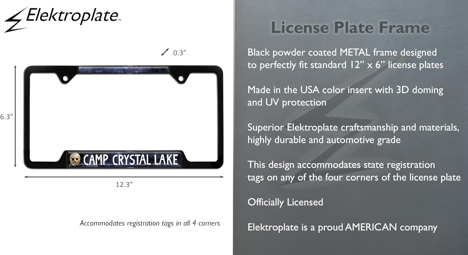 Elektroplate Officially Licensed – Friday the 13th Jason Camp Crystal Lake Black All-Metal Open Corner Horror License Plate Frame Tag Holder for Cars/SUVs/Trucks Weather-Proof Automotive Accessory