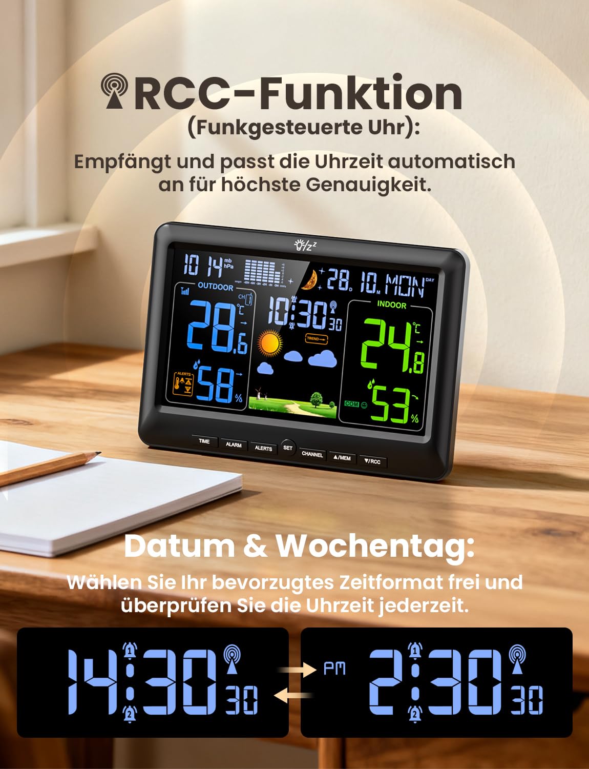 LIORQUE Wetterstation Funk mit 1 Außensensor Innen und Außen Funkwetterstation Digital Thermometer Hygrometer mit Wettervorhersage DCF-Funkuhr Weather Station für Zuhause Büro Hausgarten