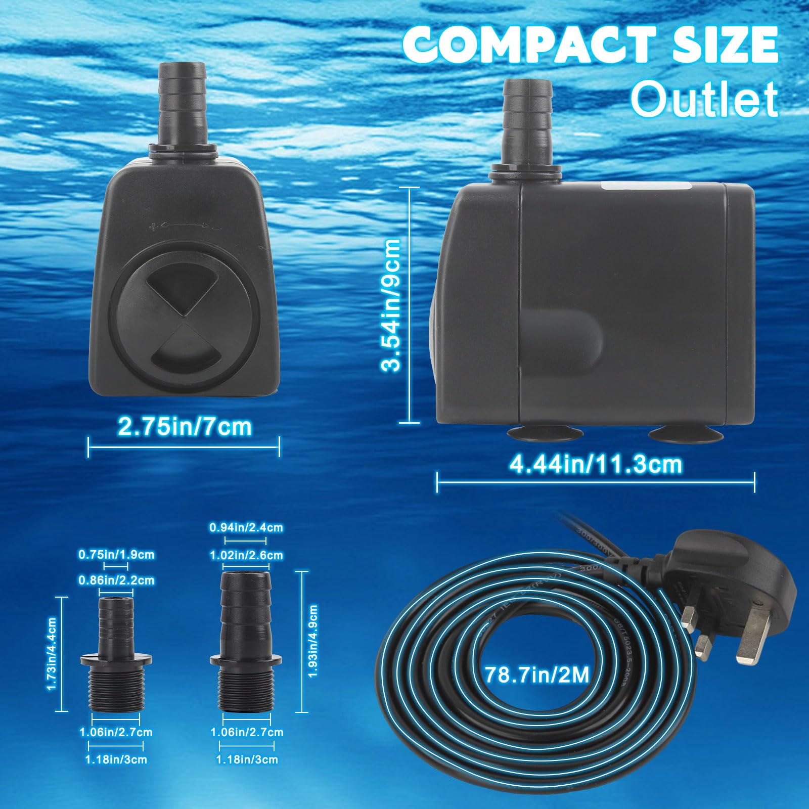 Discoball Submersible Water Pump 45W 2000L/H Ultra-Quiet Mini Fountain Water Pump with 2 Nozzles Replacement Pump for Pet Fountain Aquarium Fish Tank Pool Garden Features Statuary Hydroponics - Image 3