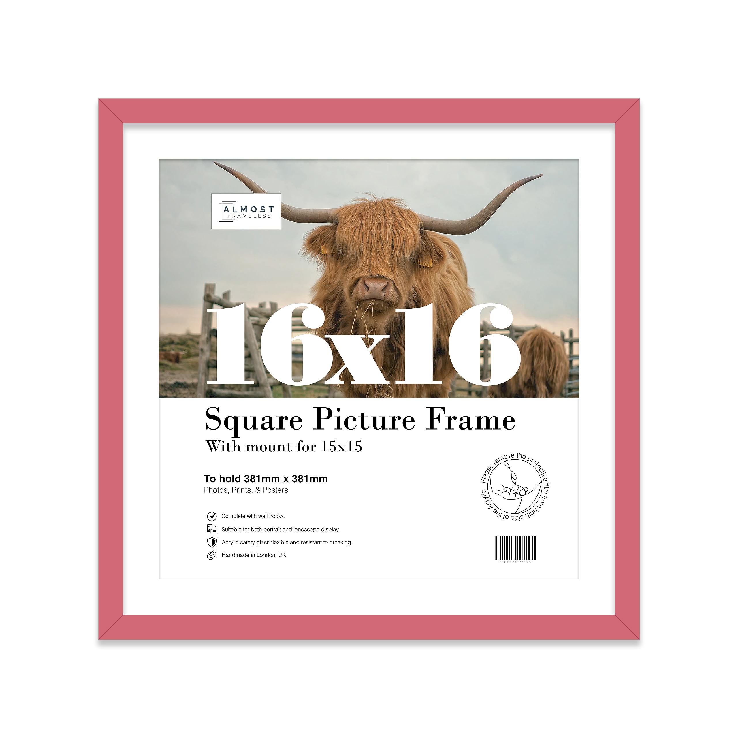 Almost Frameless 16x16 Picture Frame, Display Pictures 15x15 With Mat or 16x16 Without Mat, Wall Hanging Photo Frame, Pink, 1 Pack