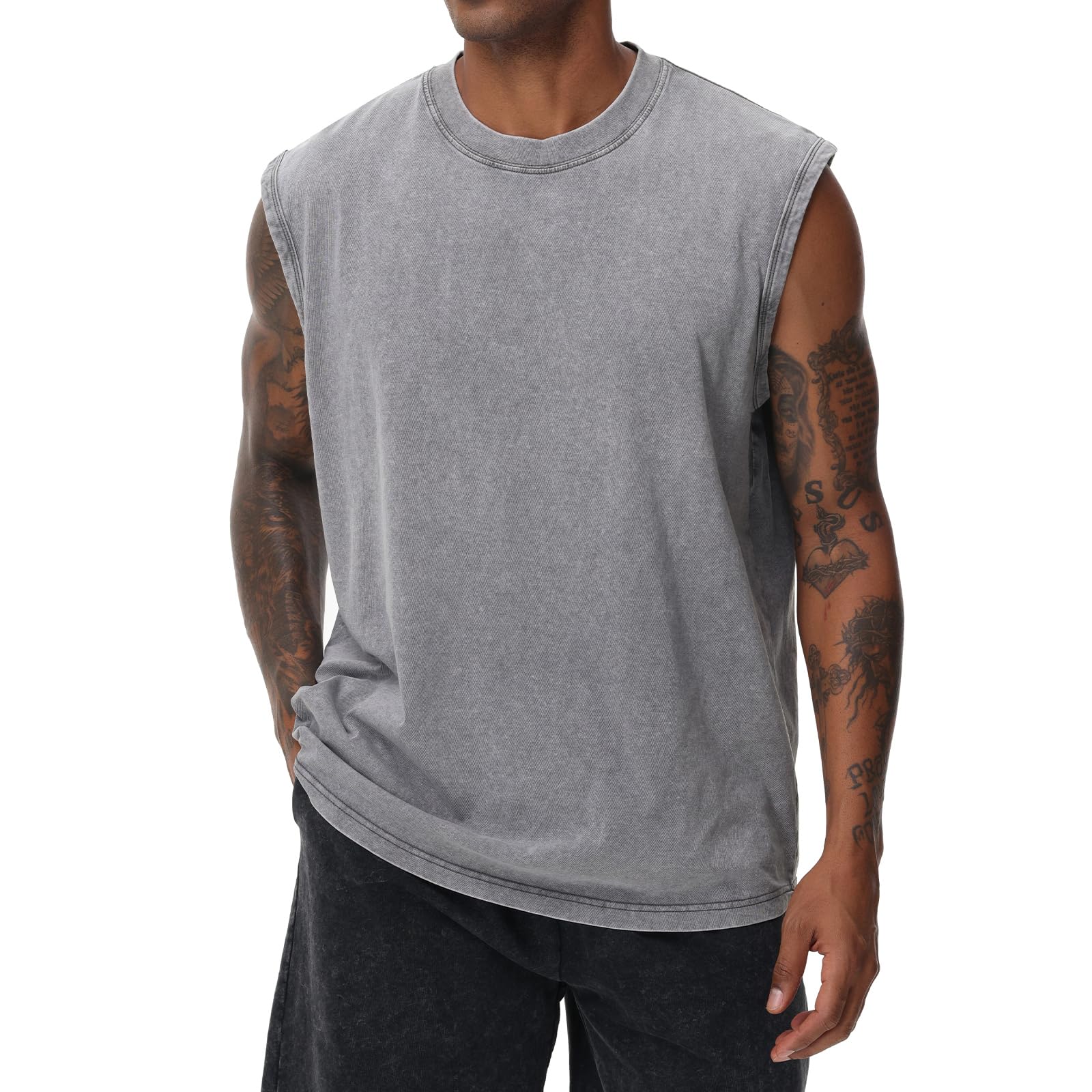 Herren Kurzarm Sommer Ärmelloses Shirt, Männer Fitness ärmellos Weste, Washed Sleeveless t-Shirt, Workout, Fitnessstudio, Baumwolle