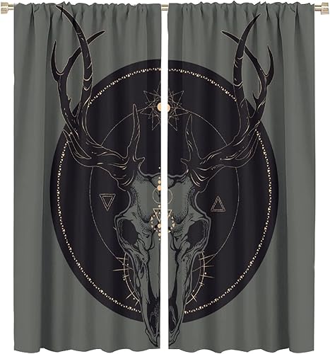 Vista 494 de Cortinas de cabeza de cabra, misteriosa cabeza de cabra malvada, calavera negra, bolsillo para barra, cortinas opacas para ventana, juego de 2