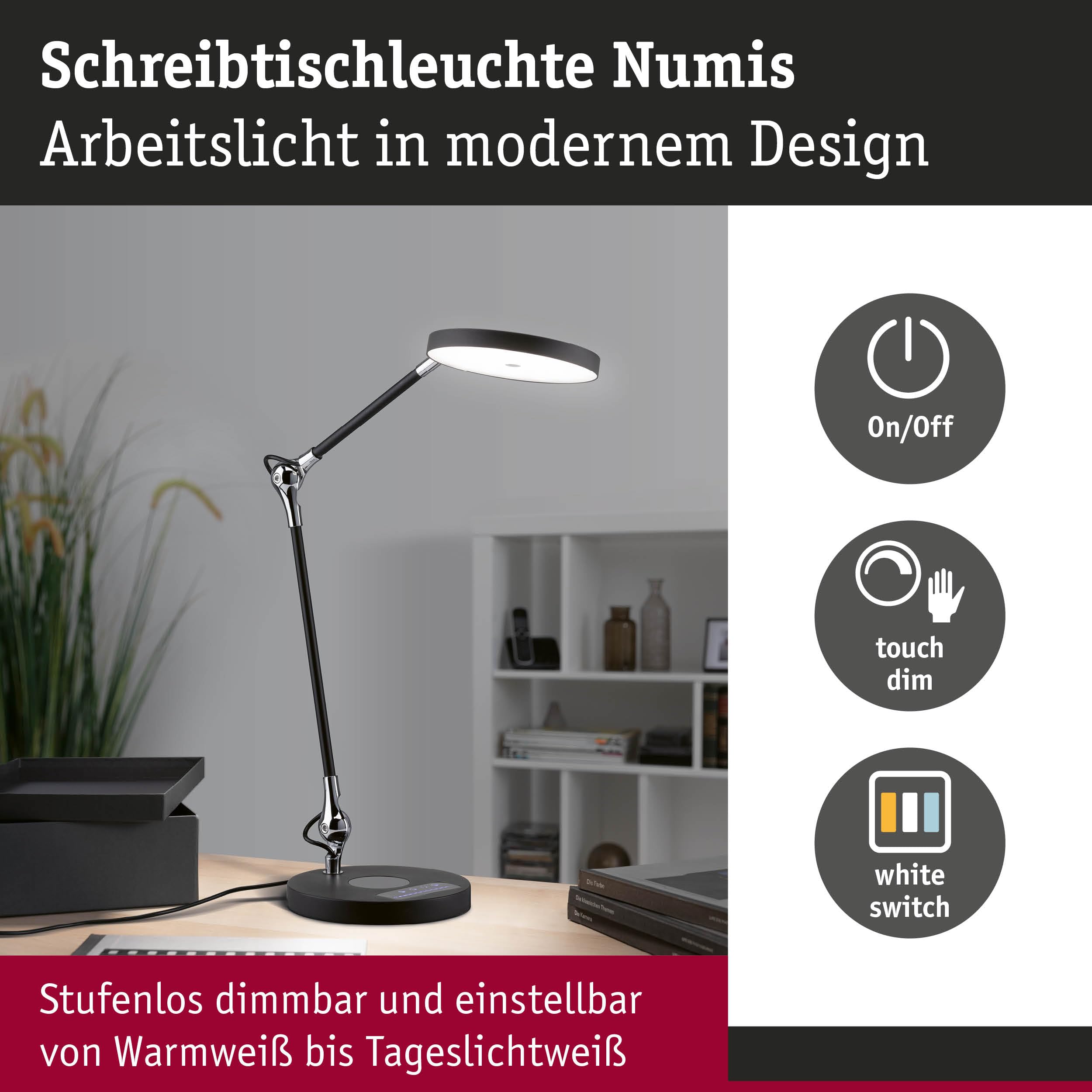Paulmann 78010 LED Schreibtischleuchte Numis Tunable White incl. 1x11 Watt dimmbar Schwarz Aluminium, Kunststoff 2.700-6.500 K