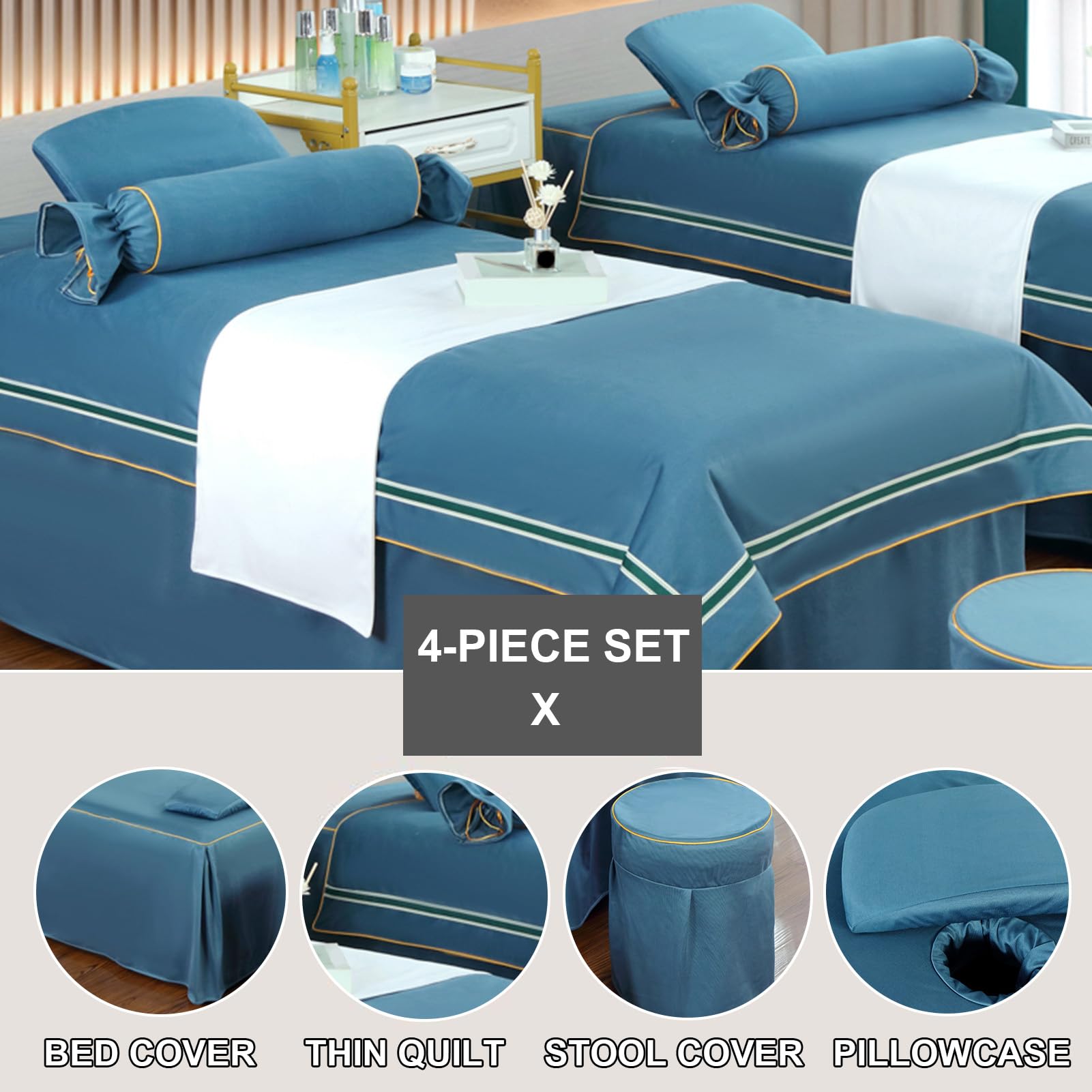 Housse de lit de couleur unie pour table de massage avec trous, draps de lit pour table de massage, couvre-tabouret, taie d'oreiller élastique, couvre-lit, couvre-lit, couvre-lit, 4 pièces