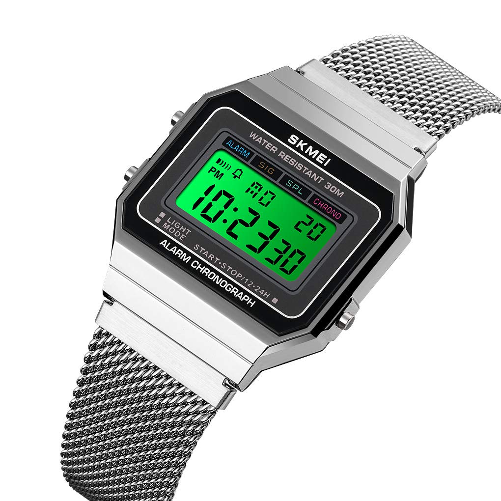 Reloj deportivo clásico unisex digital multifunción para hombre y mujer, banda de acero inoxidable, cuadrado, impermeable, electrónico, Led, plateado ( A silver ), Digital 2