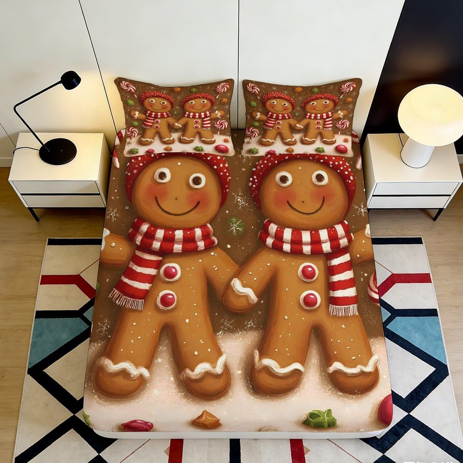 Pnayamiorkfel Style-2 3D Printed Gingerbread Couple Fitted Sheet Microfiber Non-Slip Candy Christmas Bed Cover For Bedroom Guest Room 90X200x25cm