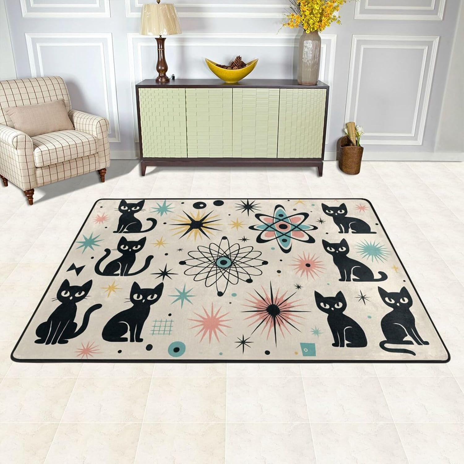 Retro Cats Atomic Stars Area Rug Washable Outdoor Rugs Anti-Slip Soft Extra Thick Carpet Entryway Indoor Door Mat for Living Room Bedroom Home 6'x 4'