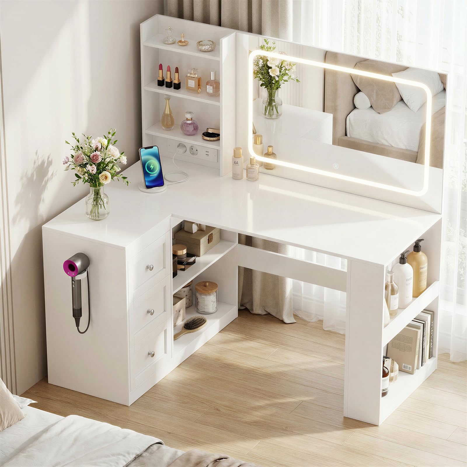 YOUDENOVA Schminktisch mit LED-Beleuchtung, Großer Spiegel und Steckdosen, Schminktische mit 3 Schubladen und 3 Ablageflächen, 4 Unterbaufächer, L-Förmiger Eckschminktisch, 120x80x136cm, Weiß