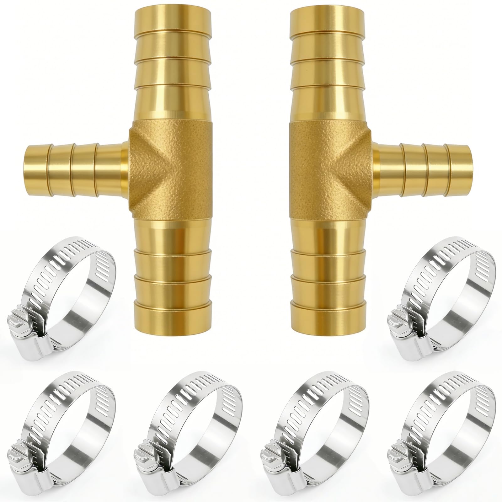 Closmos 2pcs Brass Hose Barb Reducer Tee Reducing T-fitting, 3/4" Barbed x 5/8" Barbed x 3/4" Barbed 3 Ways Connector with 6pcs Hose Clamp