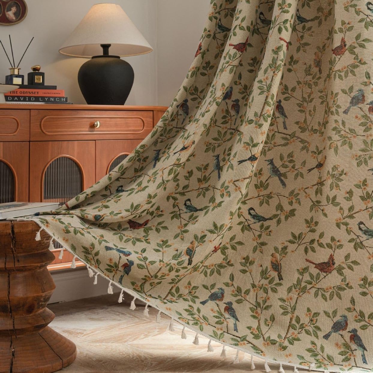 USTIDE Floral and Bird Jacquard Curtain with Tassels 1 Panel Farmhouse Shabby Curtain,Light Filtering,Bedroom,Living Room,150x240cm — image 1