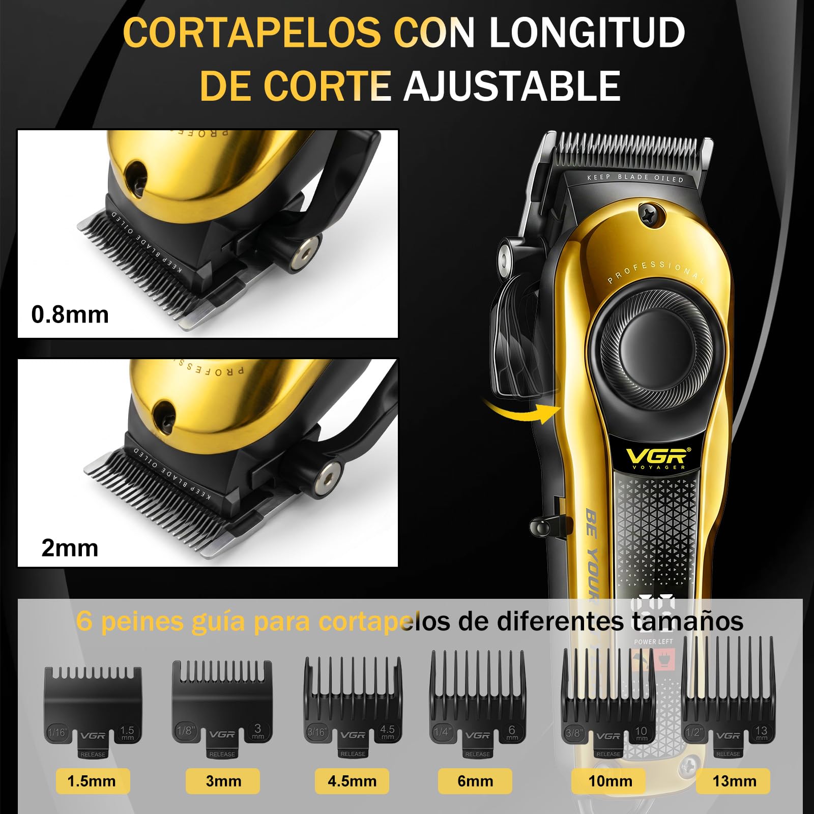 VGR 170 Maquina Cortar pelo Profesional, Palanca de Ajustable, Titanio | Recortadora Inalámbrica Para Hombre Con 2 Cubiertas Modulares, Cuchilla Con Recubrimiento De Titanio, Carga USB, Pantalla LED